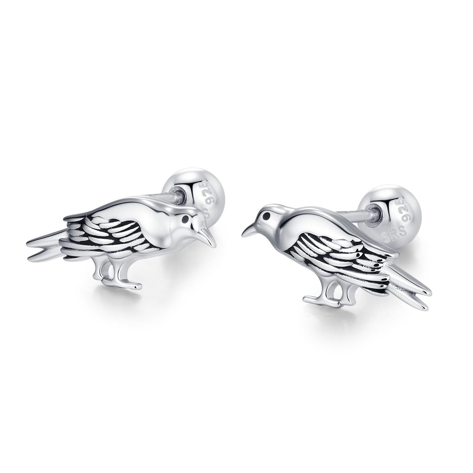 Sterling Silver Crow Bird 18G Screw Back Stud Earrings