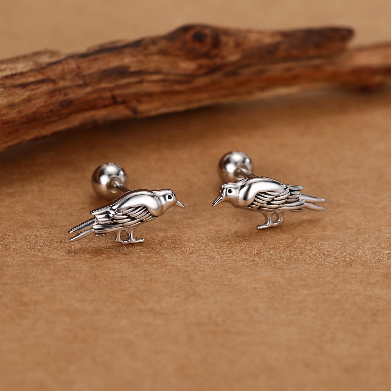 Sterling Silver Crow Bird 18G Screw Back Stud Earrings