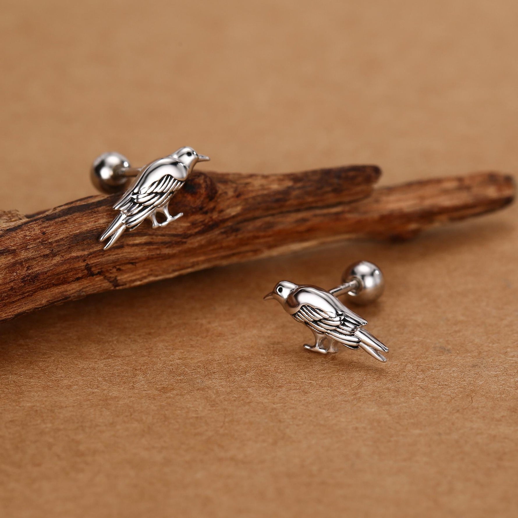 Sterling Silver Crow Bird 18G Screw Back Stud Earrings