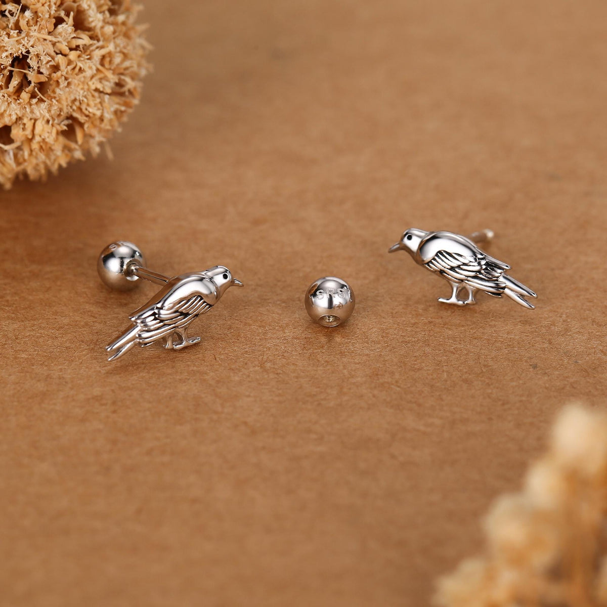 Sterling Silver Crow Bird 18G Screw Back Stud Earrings
