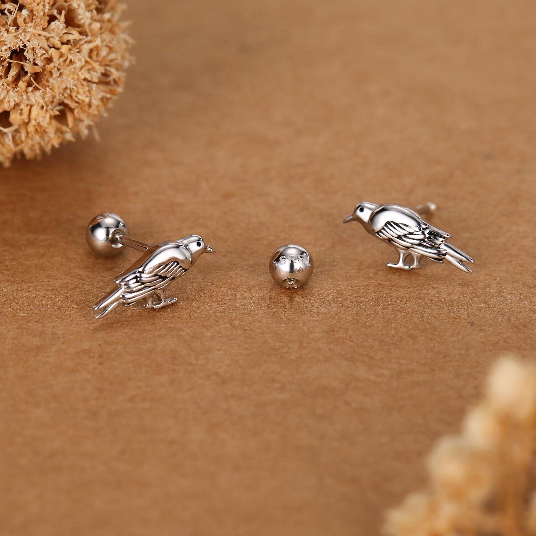 Sterling Silver Crow Bird 18G Screw Back Stud Earrings