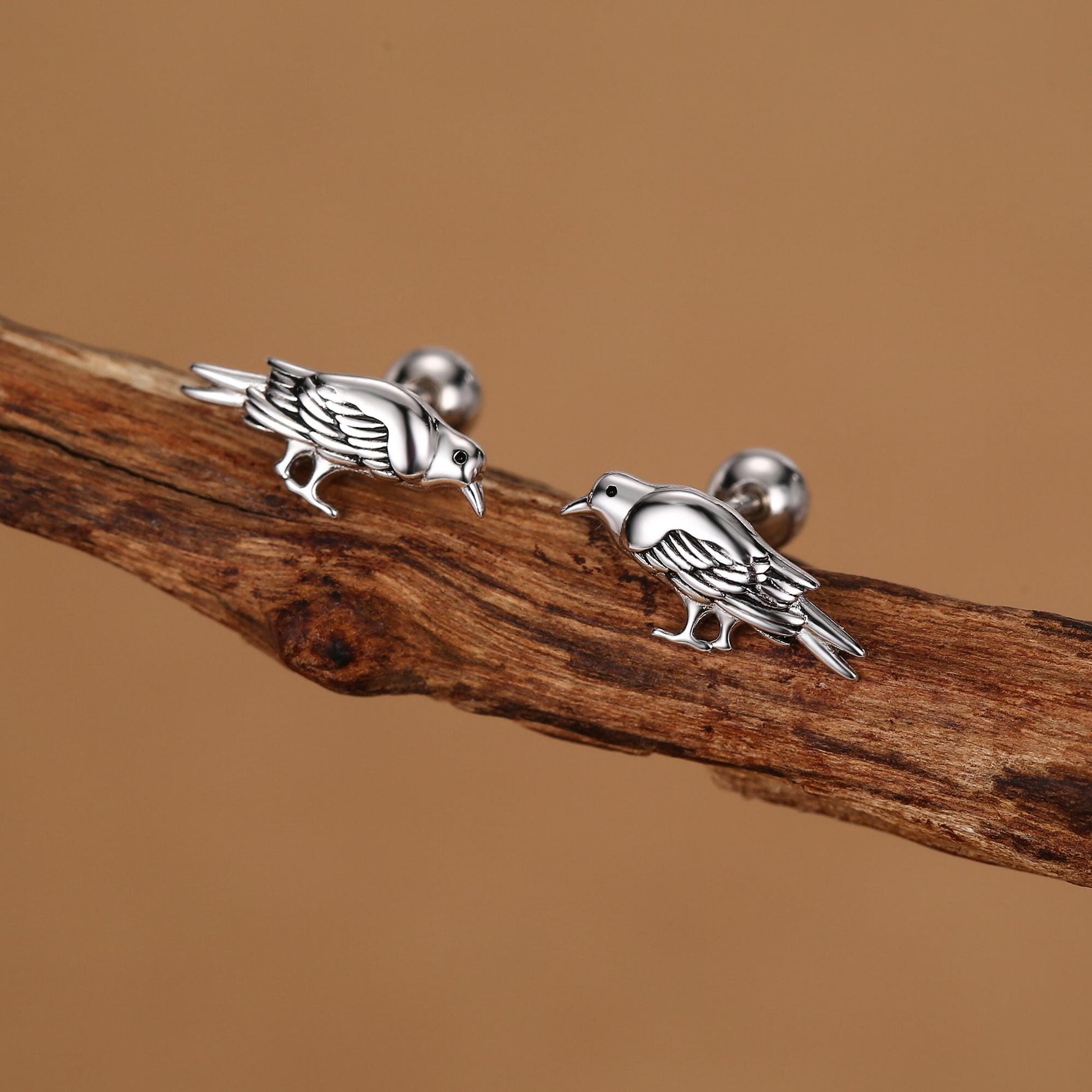 Sterling Silver Crow Bird 18G Screw Back Stud Earrings