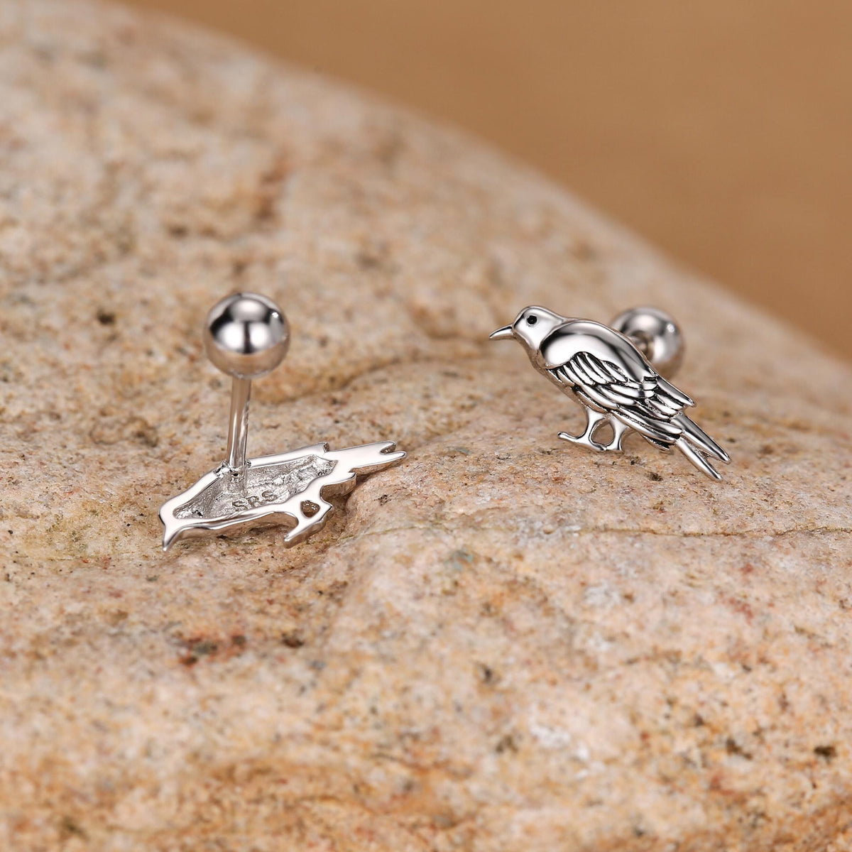 Sterling Silver Crow Bird 18G Screw Back Stud Earrings