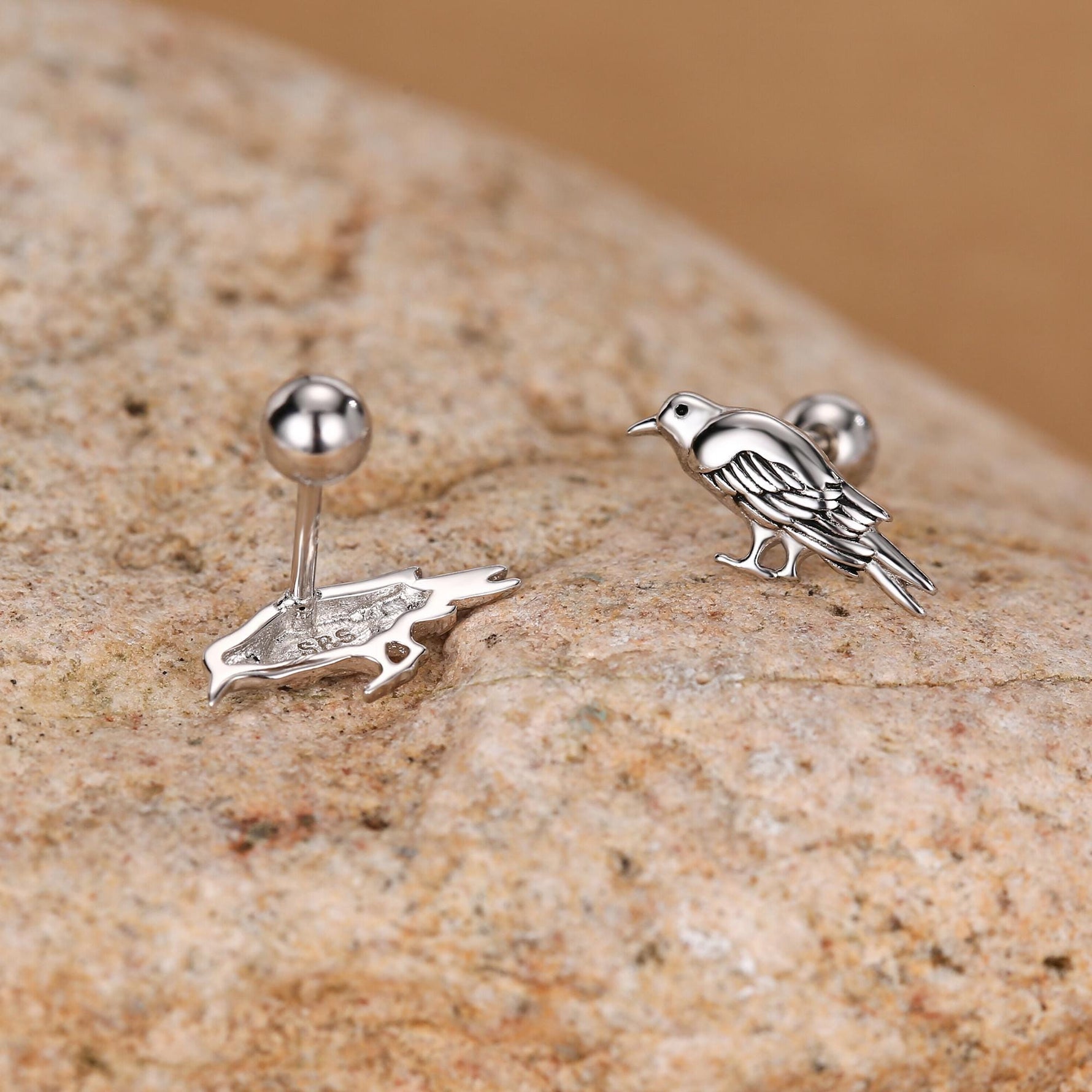 Sterling Silver Crow Bird 18G Screw Back Stud Earrings