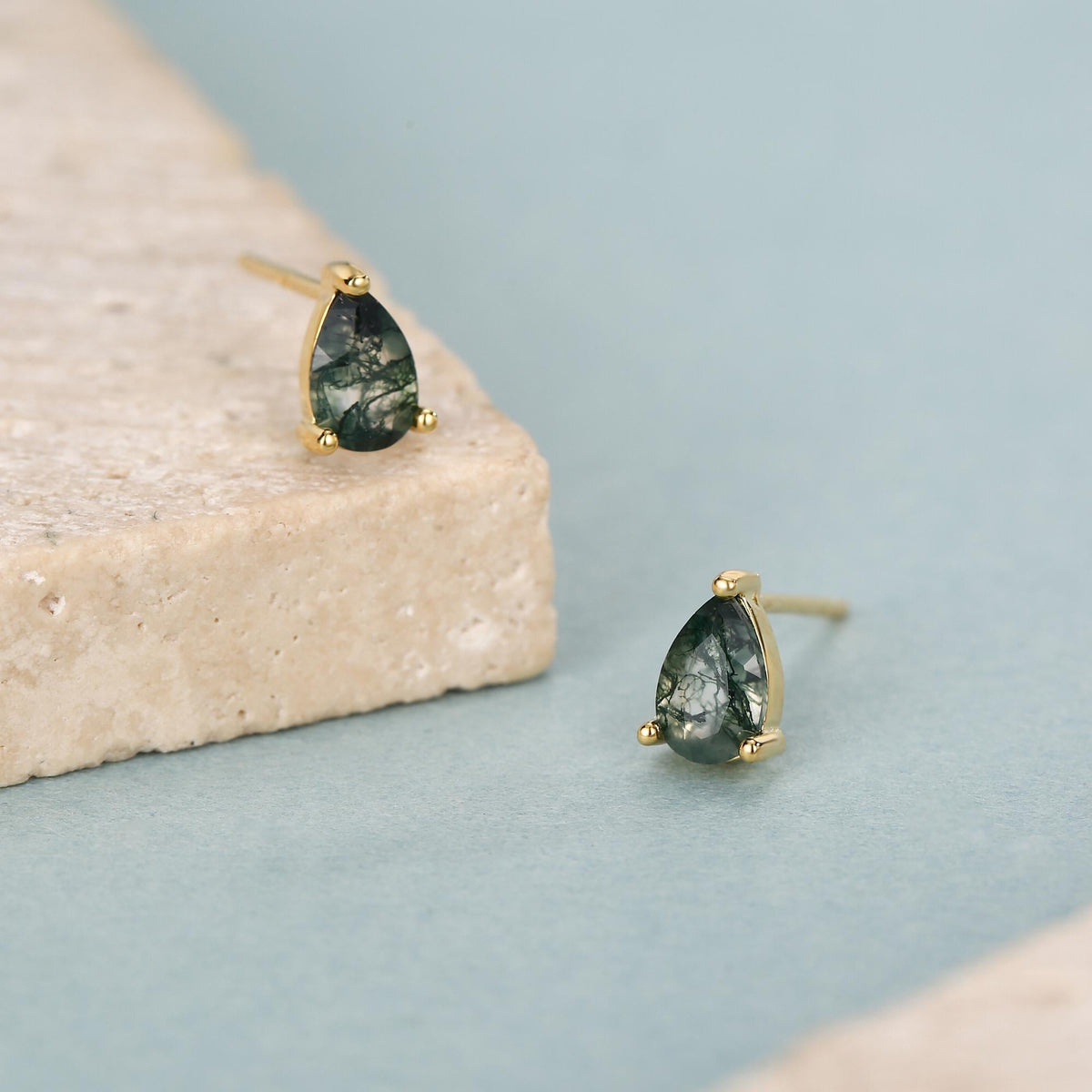Sterling Silver Moss Agate Teardrop Stud Earrings
