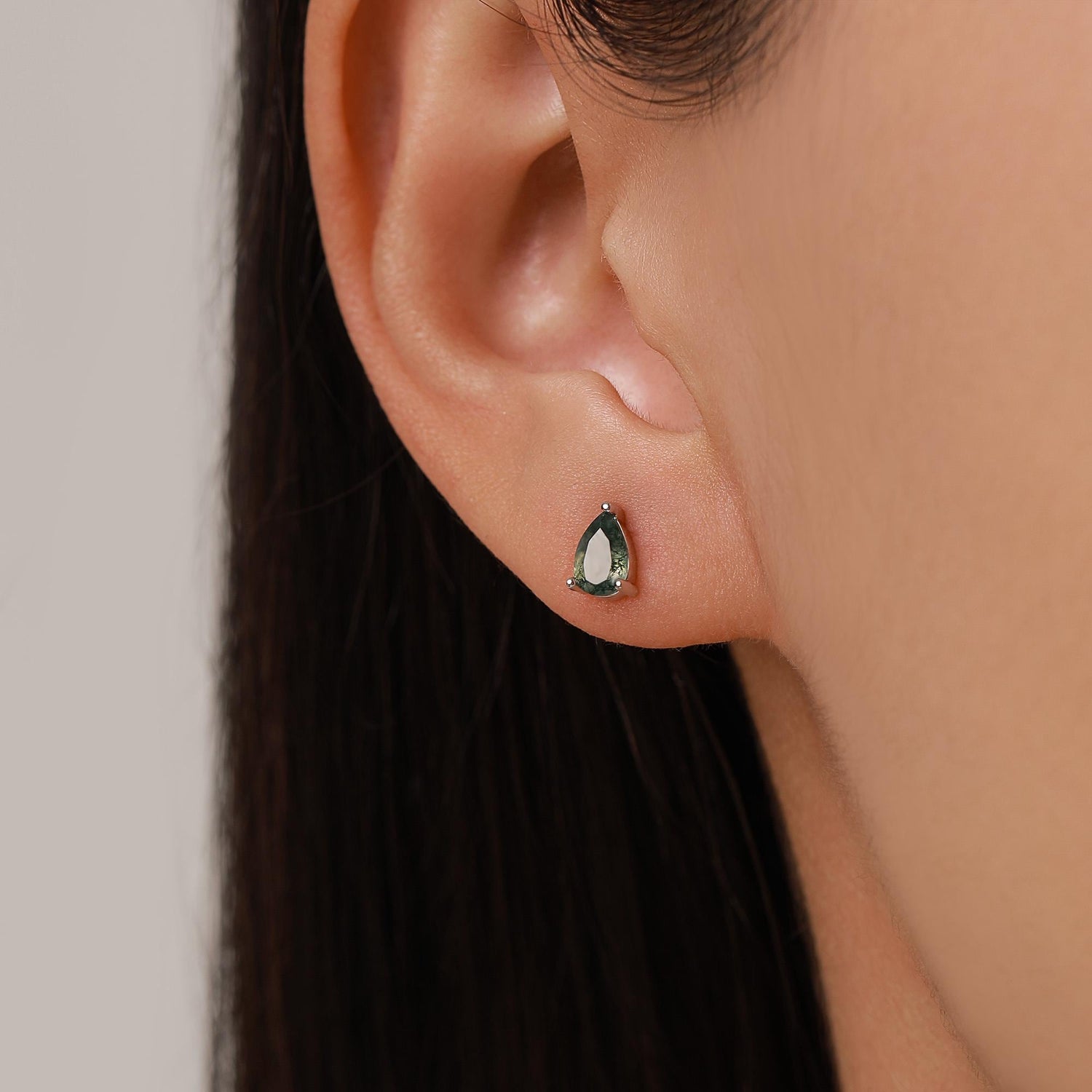 Sterling Silver Moss Agate Teardrop Stud Earrings