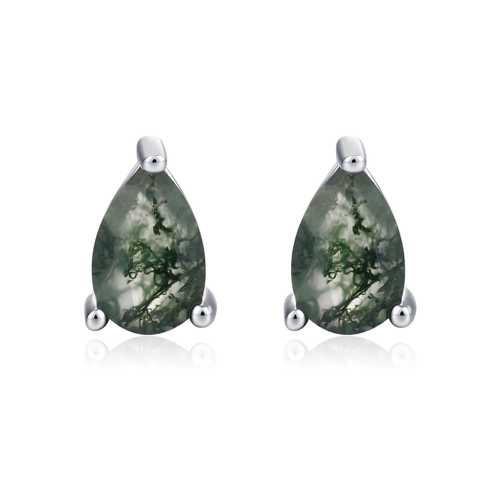 Sterling Silver Moss Agate Teardrop Stud Earrings