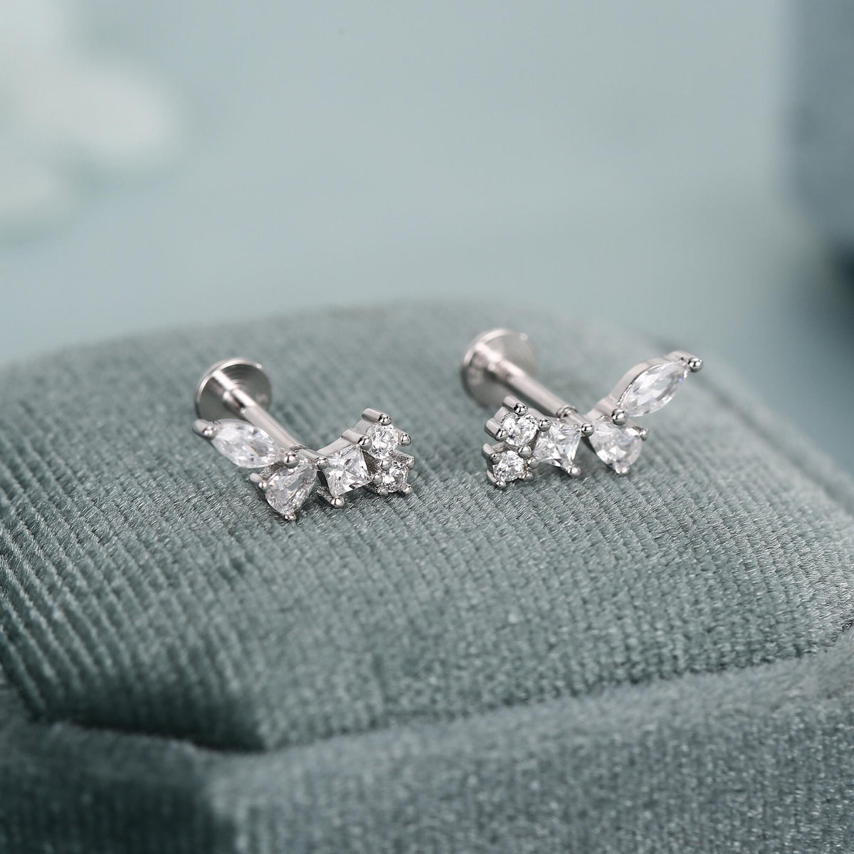 Sterling Silver CZ Cluster 16G Flat Back Labret Earrings