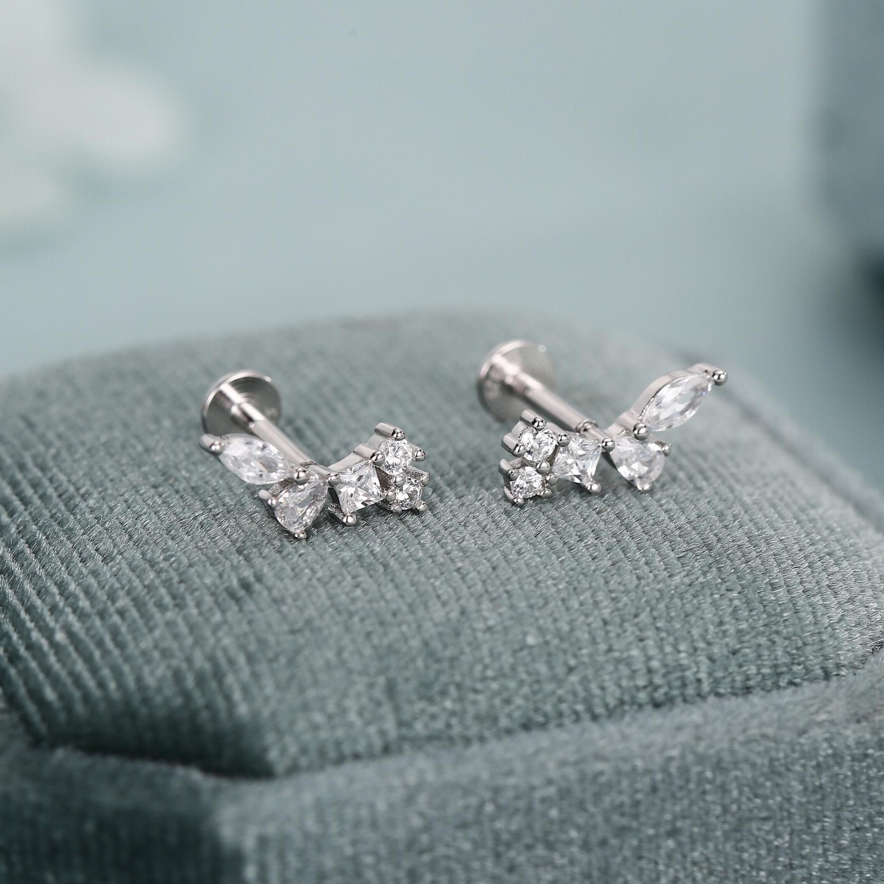 Sterling Silver CZ Cluster 16G Flat Back Labret Earrings