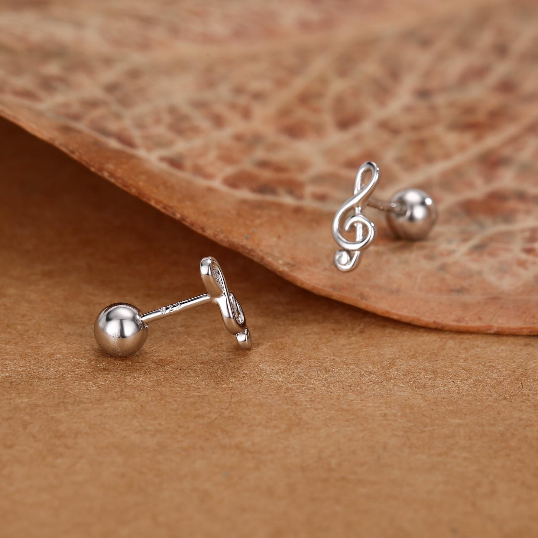 Sterling Silver Treble Clef 18G Screw Back Stud Earrings