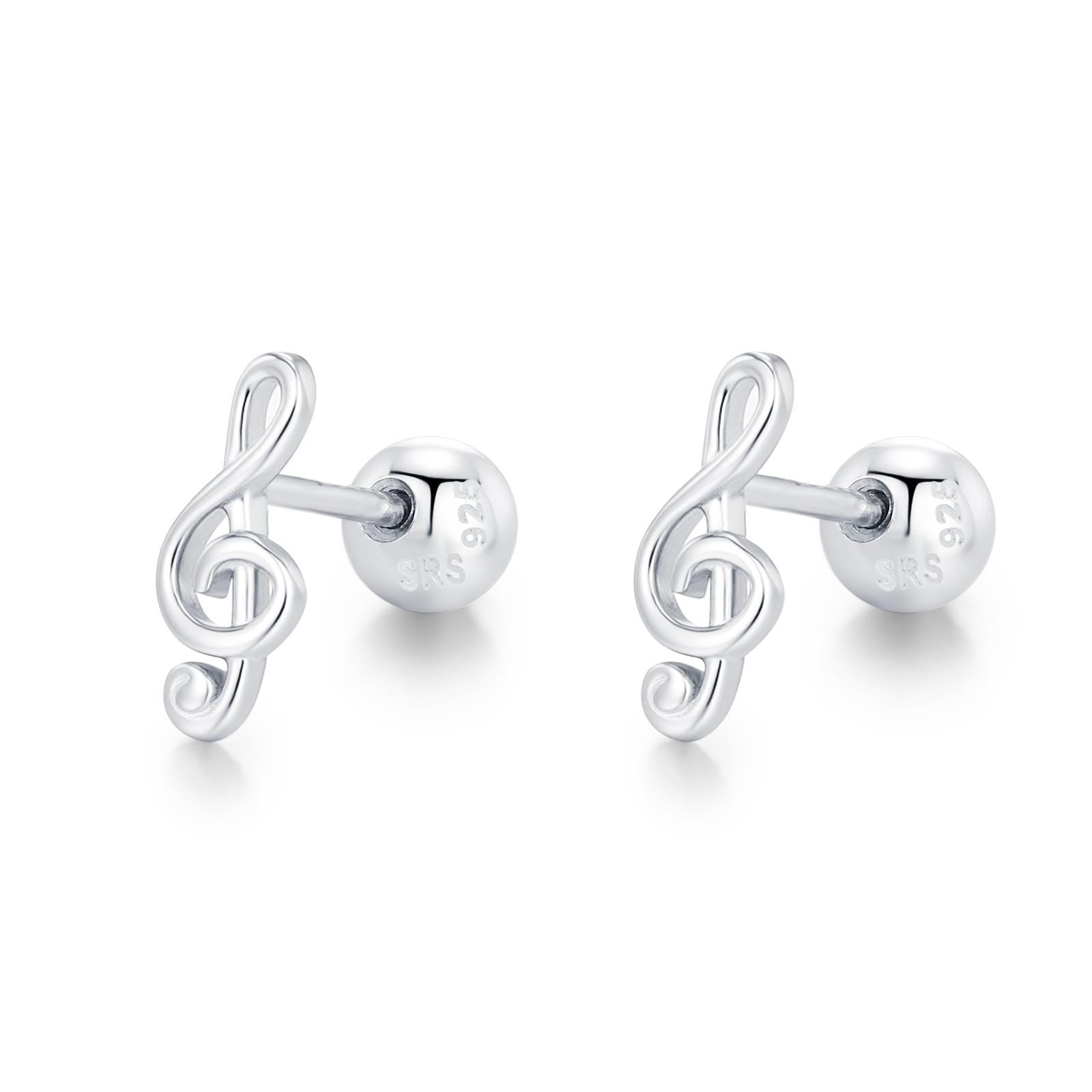 Sterling Silver Treble Clef 18G Screw Back Stud Earrings