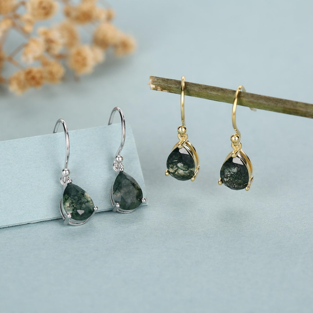 Sterling Silver Moss Agate Pear Drop Dangle Earrings