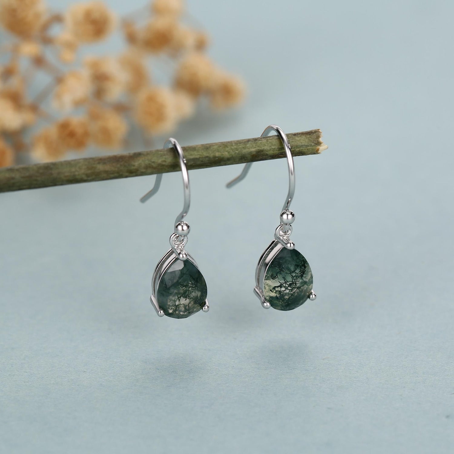 Sterling Silver Moss Agate Pear Drop Dangle Earrings