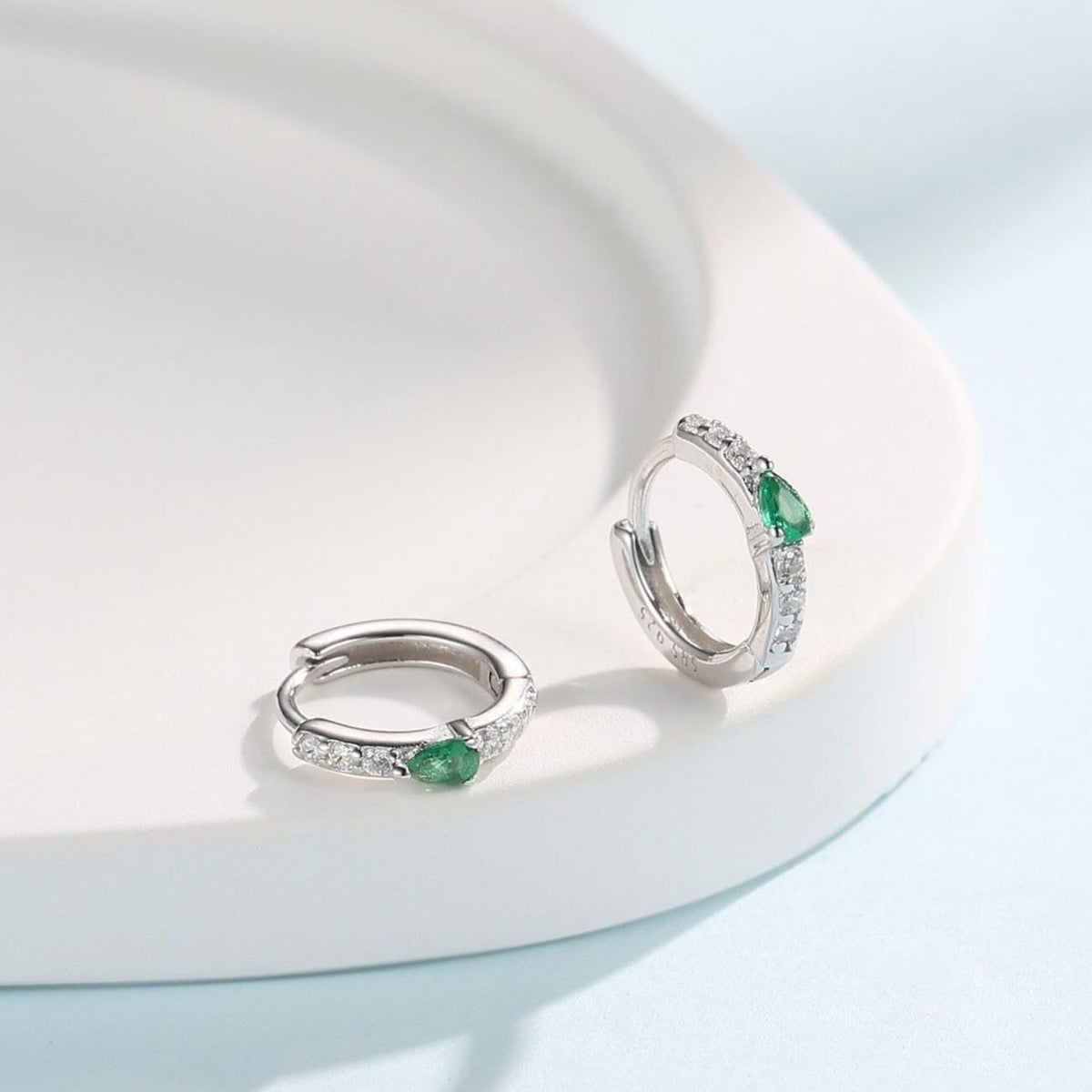 Tiny CZ Huggie Hoop Earrings in Sterling Silver with Emerald Green Pear CZ, Silver or Gold, Droplet CZ Hoops