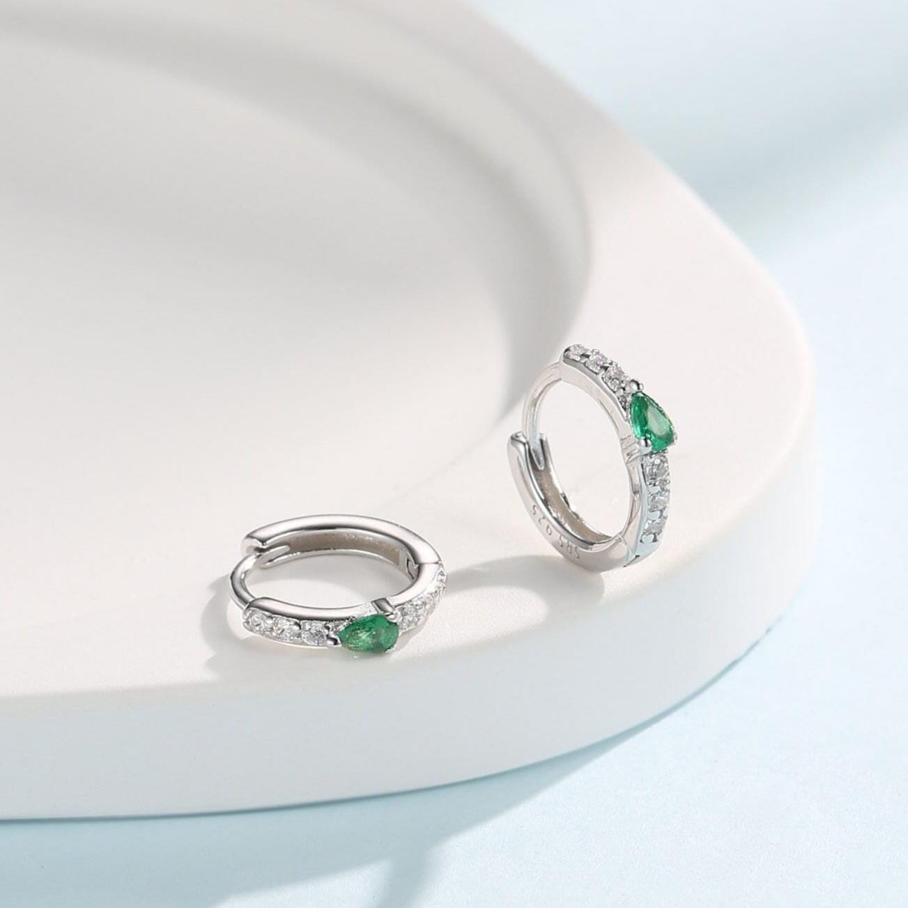 Tiny CZ Huggie Hoop Earrings in Sterling Silver with Emerald Green Pear CZ, Silver or Gold, Droplet CZ Hoops