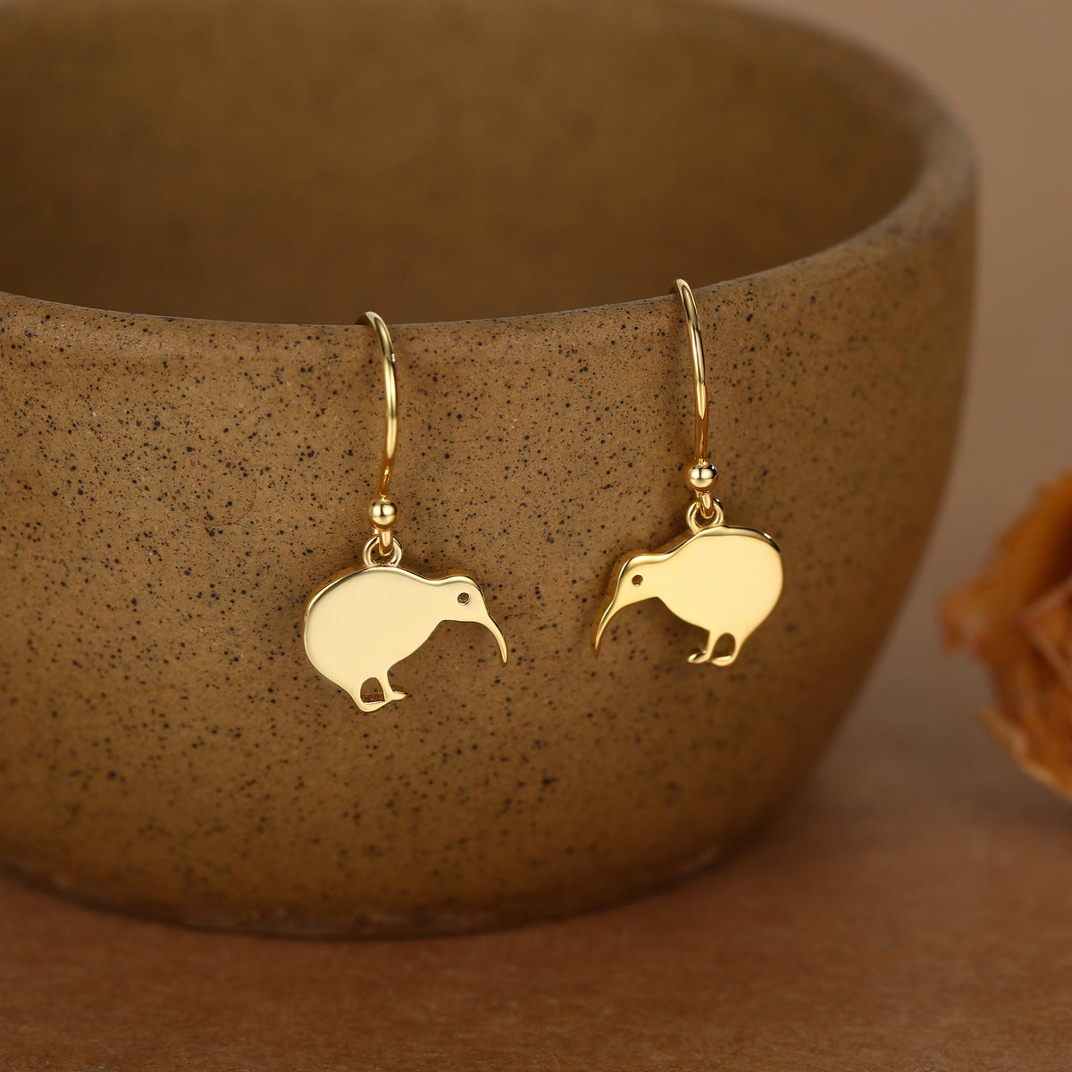 Kiwi Bird Drop Hook Earrings in Sterling Silver, Silver Gold or Rose Gold, Kiwi Bird Earrings