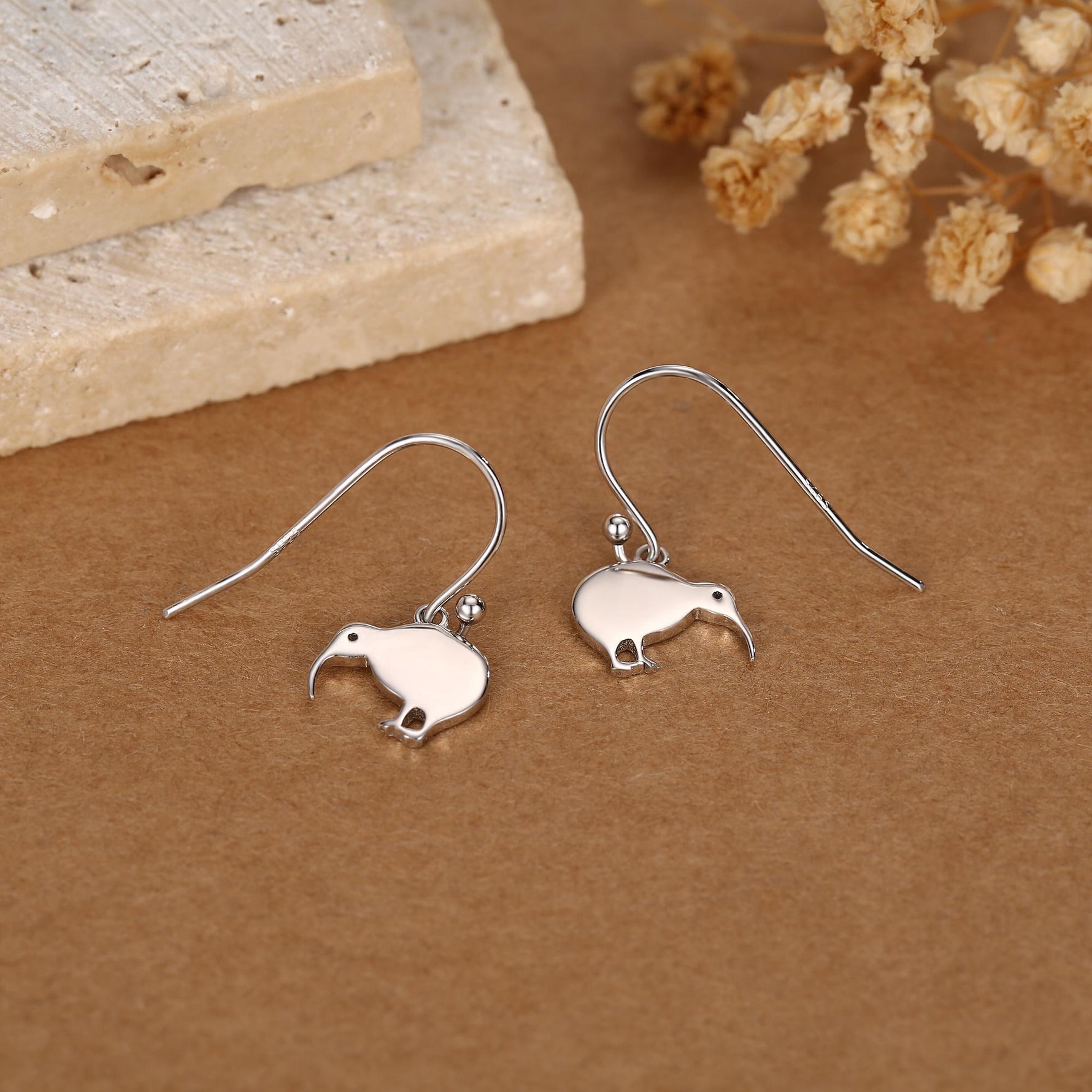 Kiwi Bird Drop Hook Earrings in Sterling Silver, Silver Gold or Rose Gold, Kiwi Bird Earrings