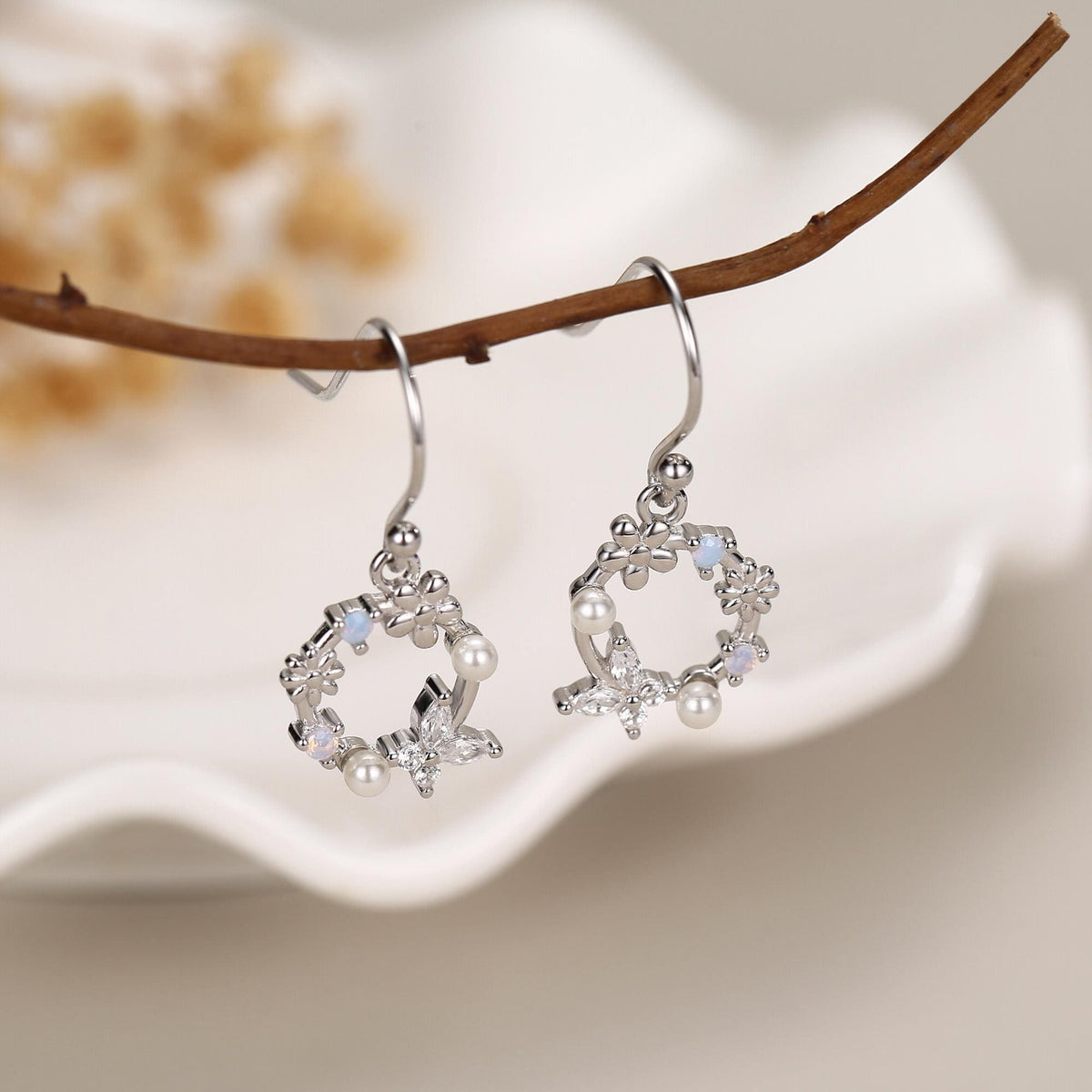 Sterling Silver Flower Wreath Drop Hook Earrings - Silver or Gold or Rose Gold, CZ Circle Flower and Butterfly Dangle Earrings