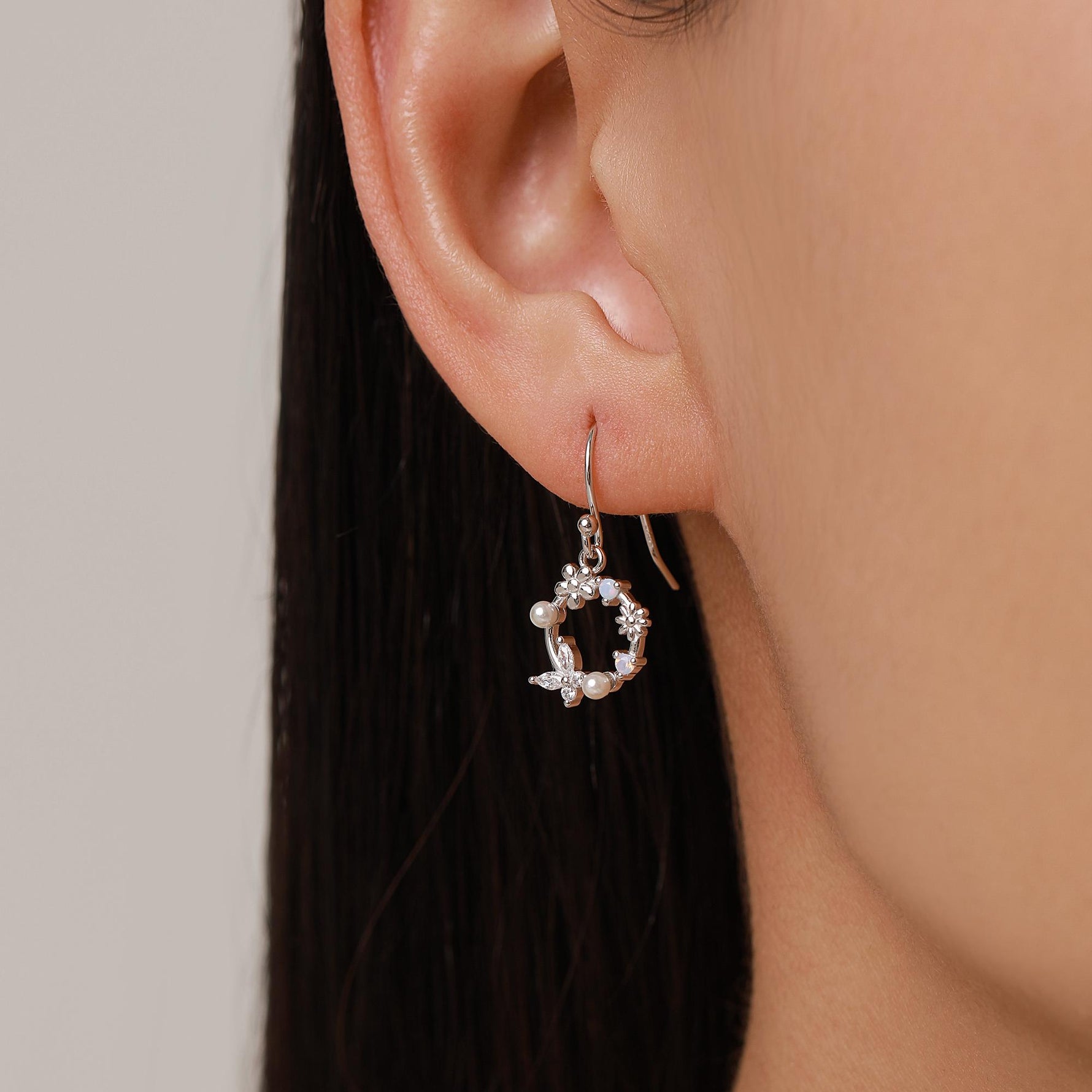 Sterling Silver Flower Wreath Drop Hook Earrings - Silver or Gold or Rose Gold, CZ Circle Flower and Butterfly Dangle Earrings