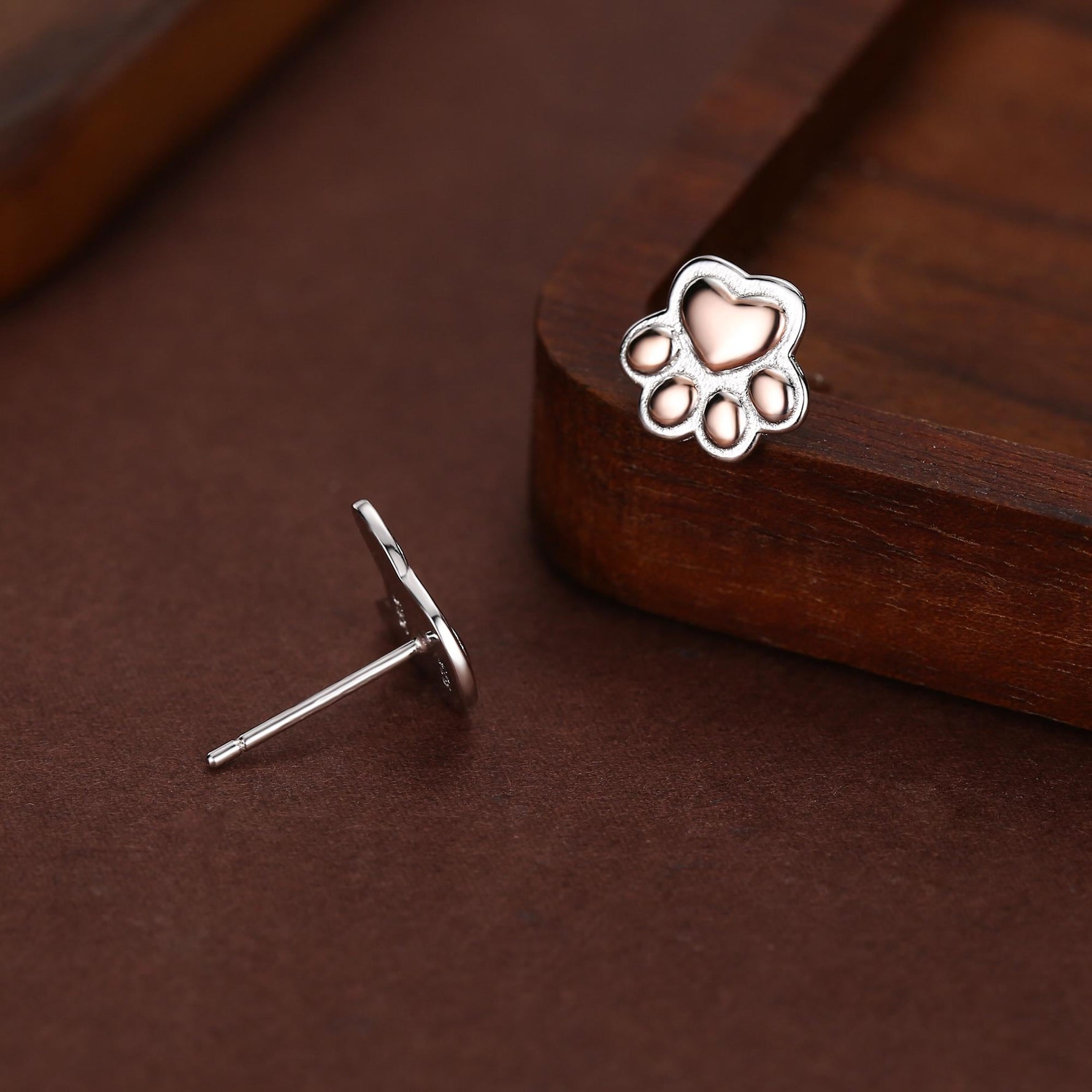 Mismatched French Bulldog and Paw Print Stud Earrings in Sterling Silver - Dog Paw Stud Earrings - Two Tone Finish - Pet Lover