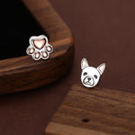 Mismatched French Bulldog and Paw Print Stud Earrings in Sterling Silver - Dog Paw Stud Earrings - Two Tone Finish - Pet Lover