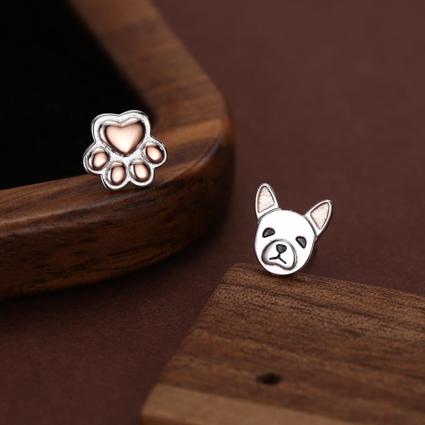 Mismatched French Bulldog and Paw Print Stud Earrings in Sterling Silver - Dog Paw Stud Earrings - Two Tone Finish - Pet Lover