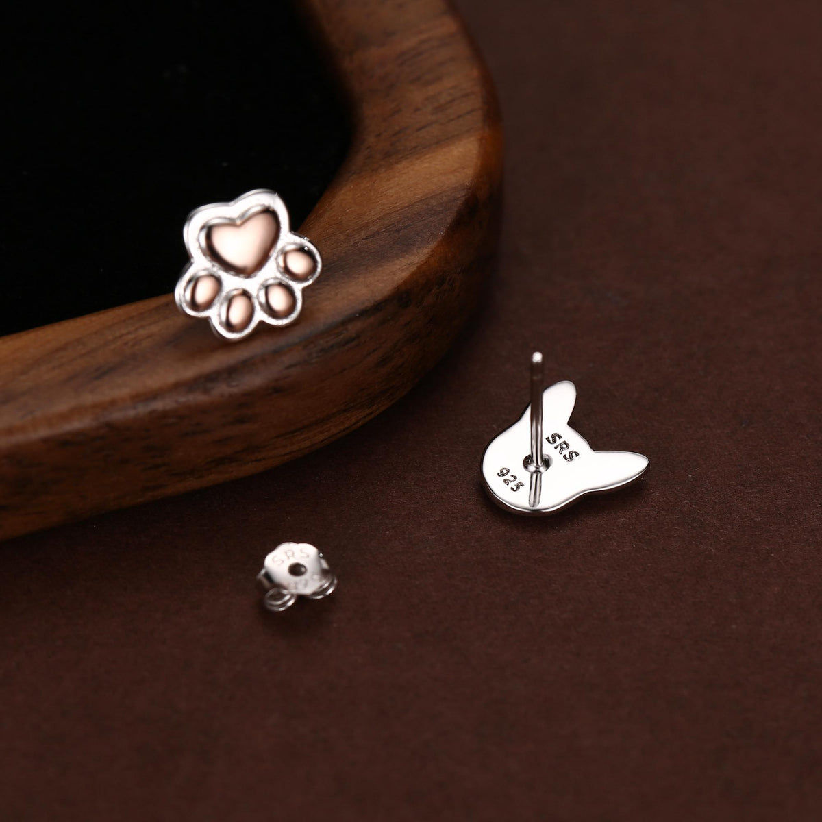 Mismatched French Bulldog and Paw Print Stud Earrings in Sterling Silver - Dog Paw Stud Earrings - Two Tone Finish - Pet Lover