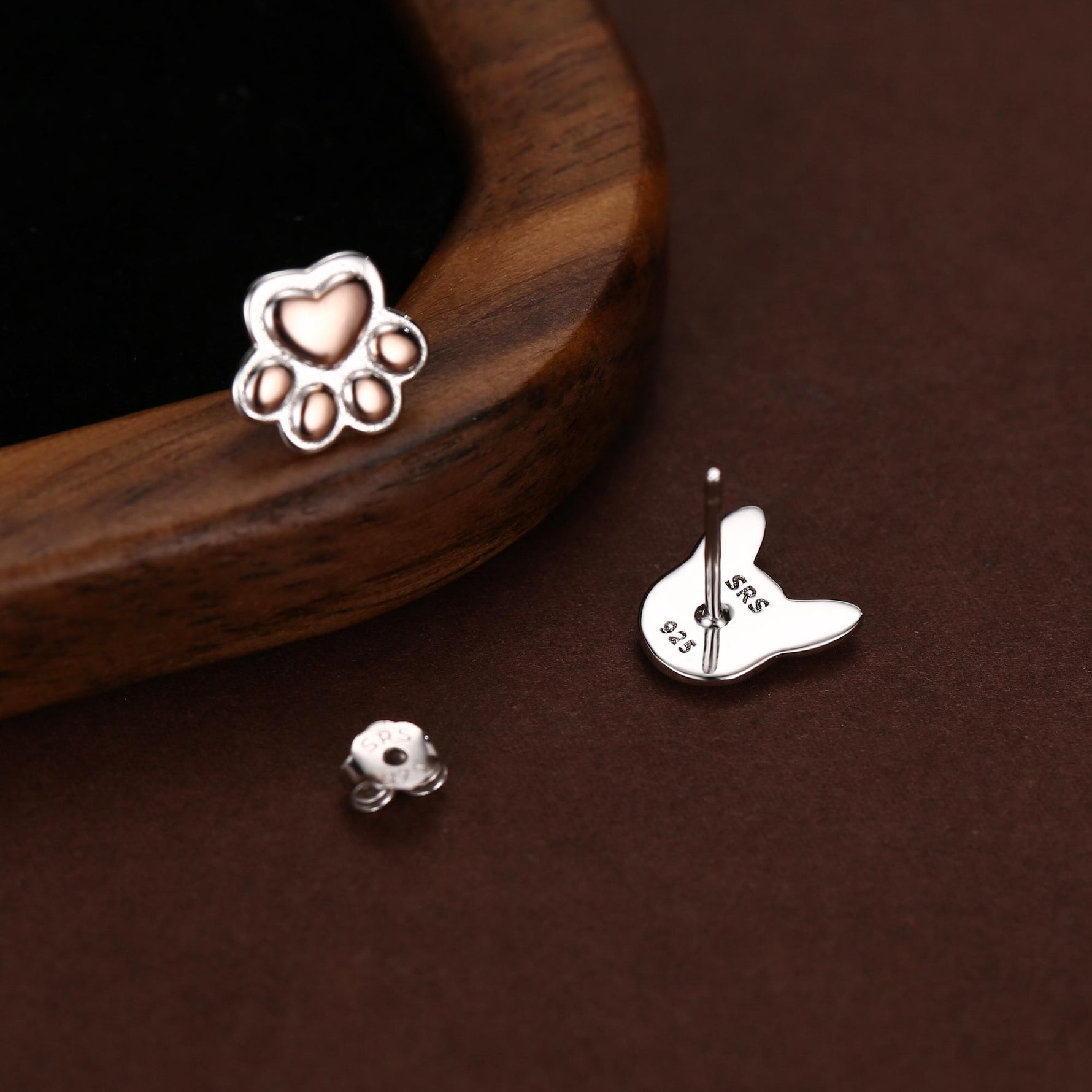 Mismatched French Bulldog and Paw Print Stud Earrings in Sterling Silver - Dog Paw Stud Earrings - Two Tone Finish - Pet Lover