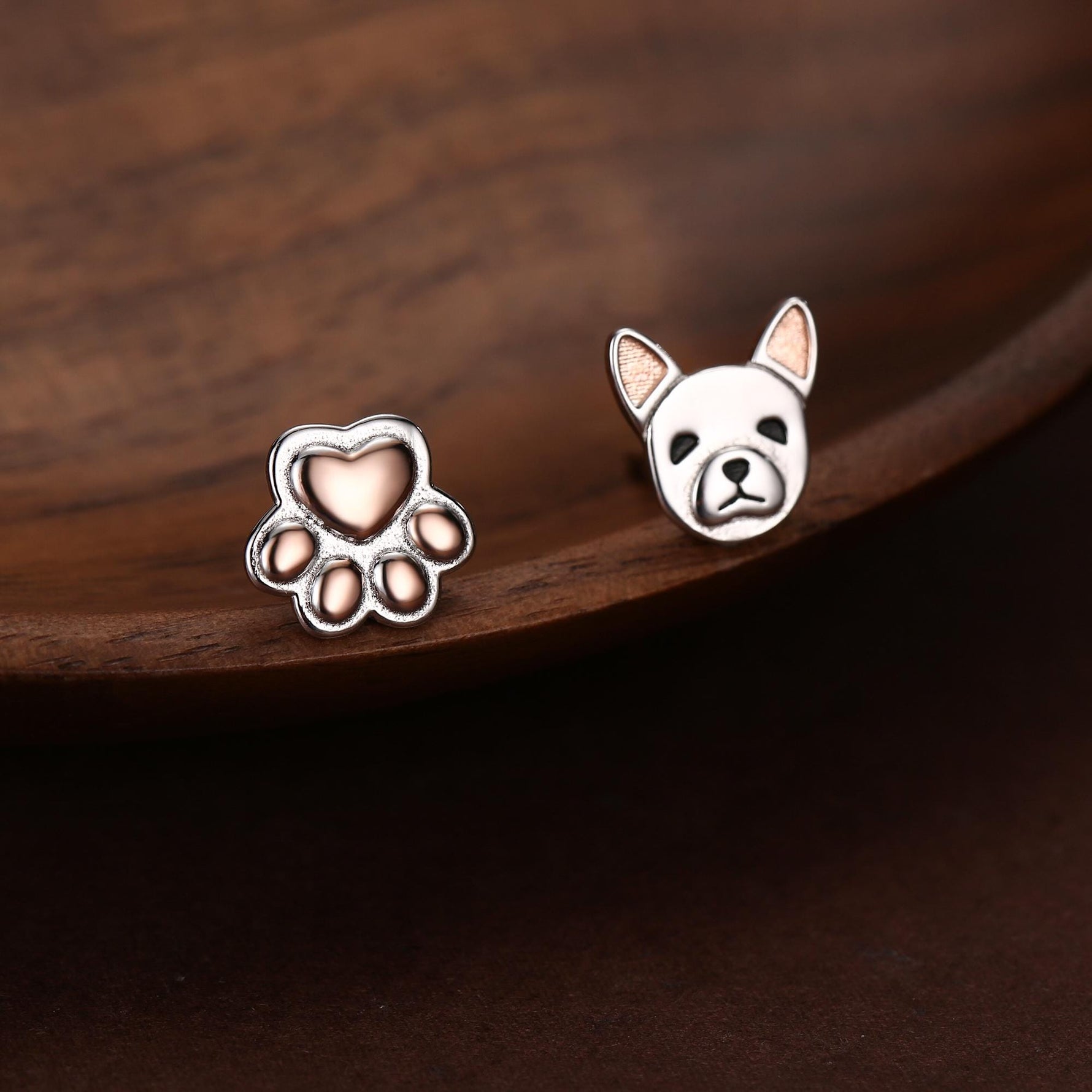 Mismatched French Bulldog and Paw Print Stud Earrings in Sterling Silver - Dog Paw Stud Earrings - Two Tone Finish - Pet Lover