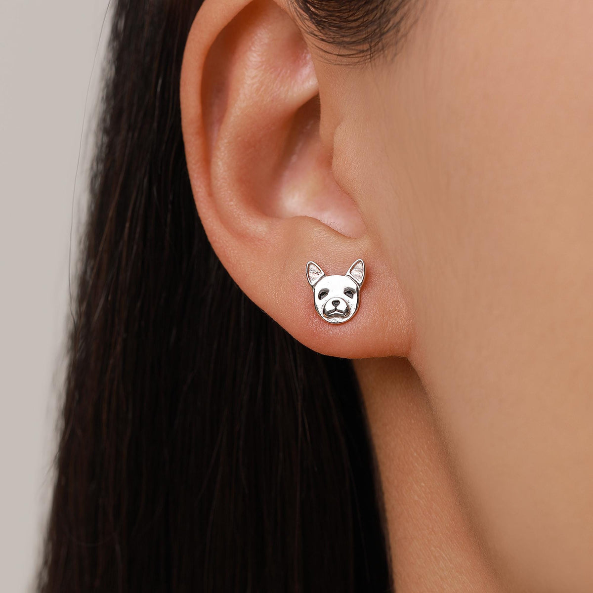 Mismatched French Bulldog and Paw Print Stud Earrings in Sterling Silver - Dog Paw Stud Earrings - Two Tone Finish - Pet Lover