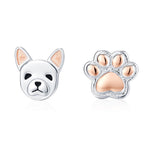Mismatched French Bulldog and Paw Print Stud Earrings in Sterling Silver - Dog Paw Stud Earrings - Two Tone Finish - Pet Lover