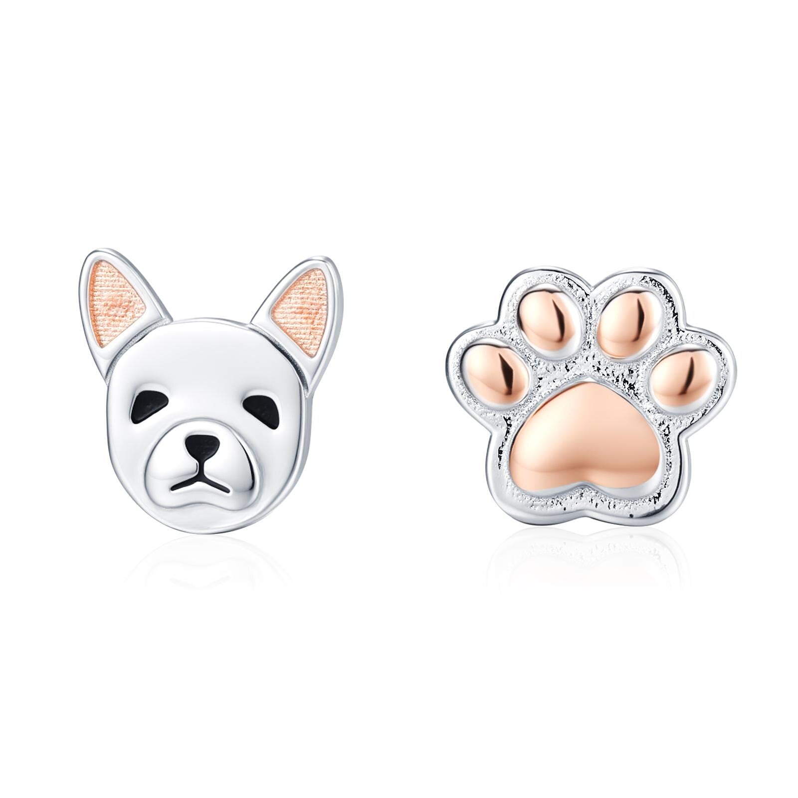 Mismatched French Bulldog and Paw Print Stud Earrings in Sterling Silver - Dog Paw Stud Earrings - Two Tone Finish - Pet Lover
