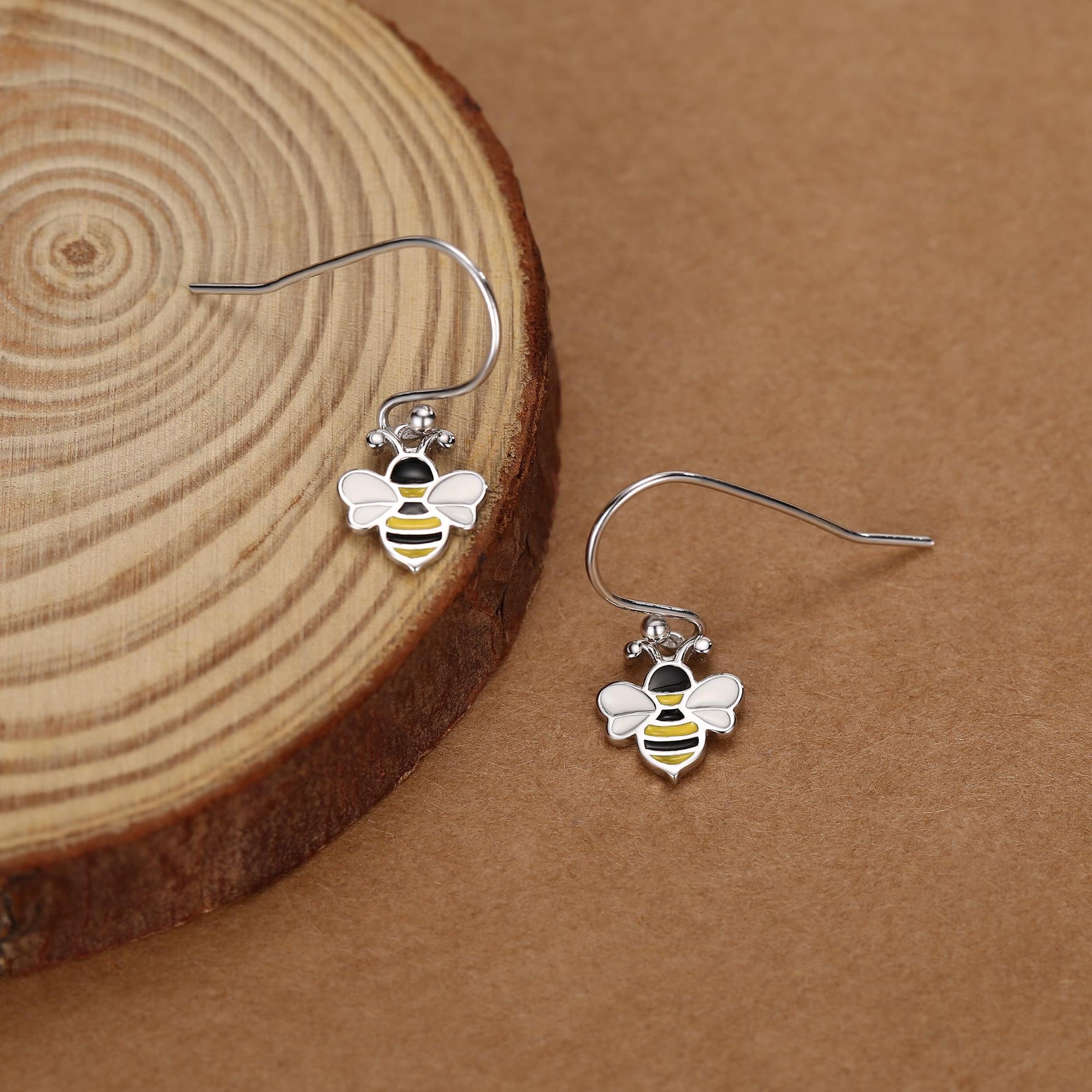 Enamel Bumble Bee Drop Earrings in Sterling Silver, Earrings, Tiny Bee Earrings, Tiny Bee Hook Earrings, Silver Bee Earrings