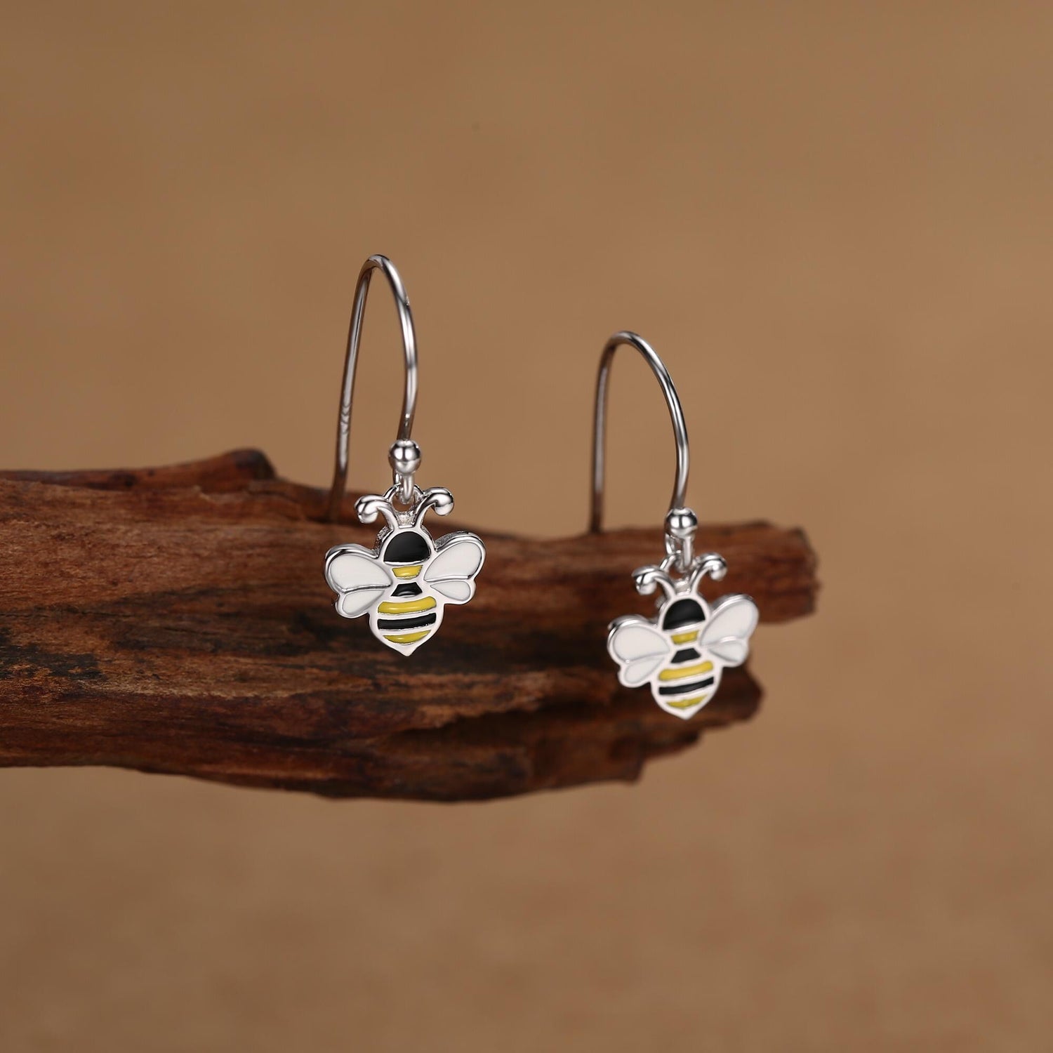 Enamel Bumble Bee Drop Earrings in Sterling Silver, Earrings, Tiny Bee Earrings, Tiny Bee Hook Earrings, Silver Bee Earrings
