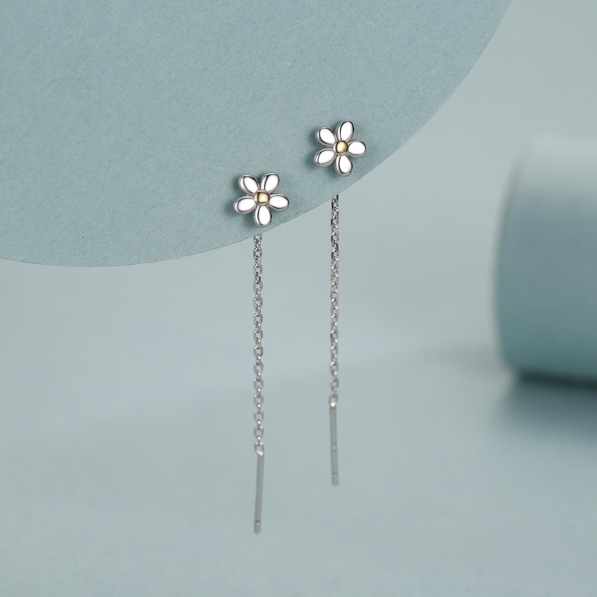 Sterling Silver Tiny Forget Me Not Flower Ear Threaders, Two Tone Flower Threader Earrings, Daily Dangle Earrings, Daisy Earrings