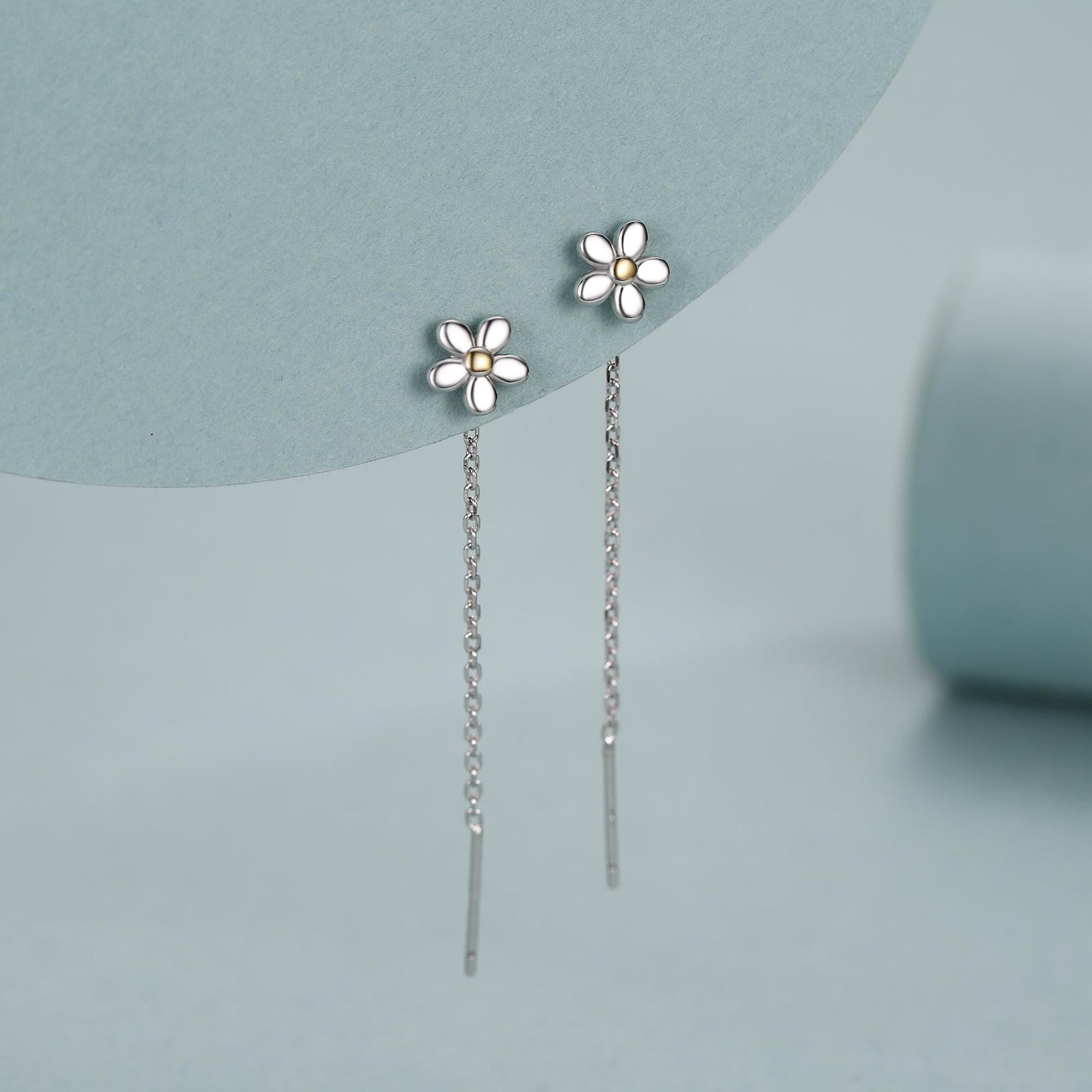 Sterling Silver Tiny Forget Me Not Flower Ear Threaders, Two Tone Flower Threader Earrings, Daily Dangle Earrings, Daisy Earrings