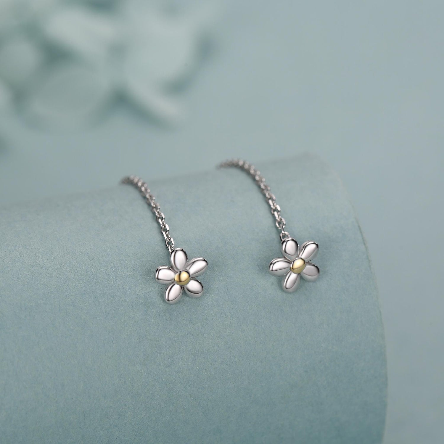 Sterling Silver Tiny Forget Me Not Flower Ear Threaders, Two Tone Flower Threader Earrings, Daily Dangle Earrings, Daisy Earrings