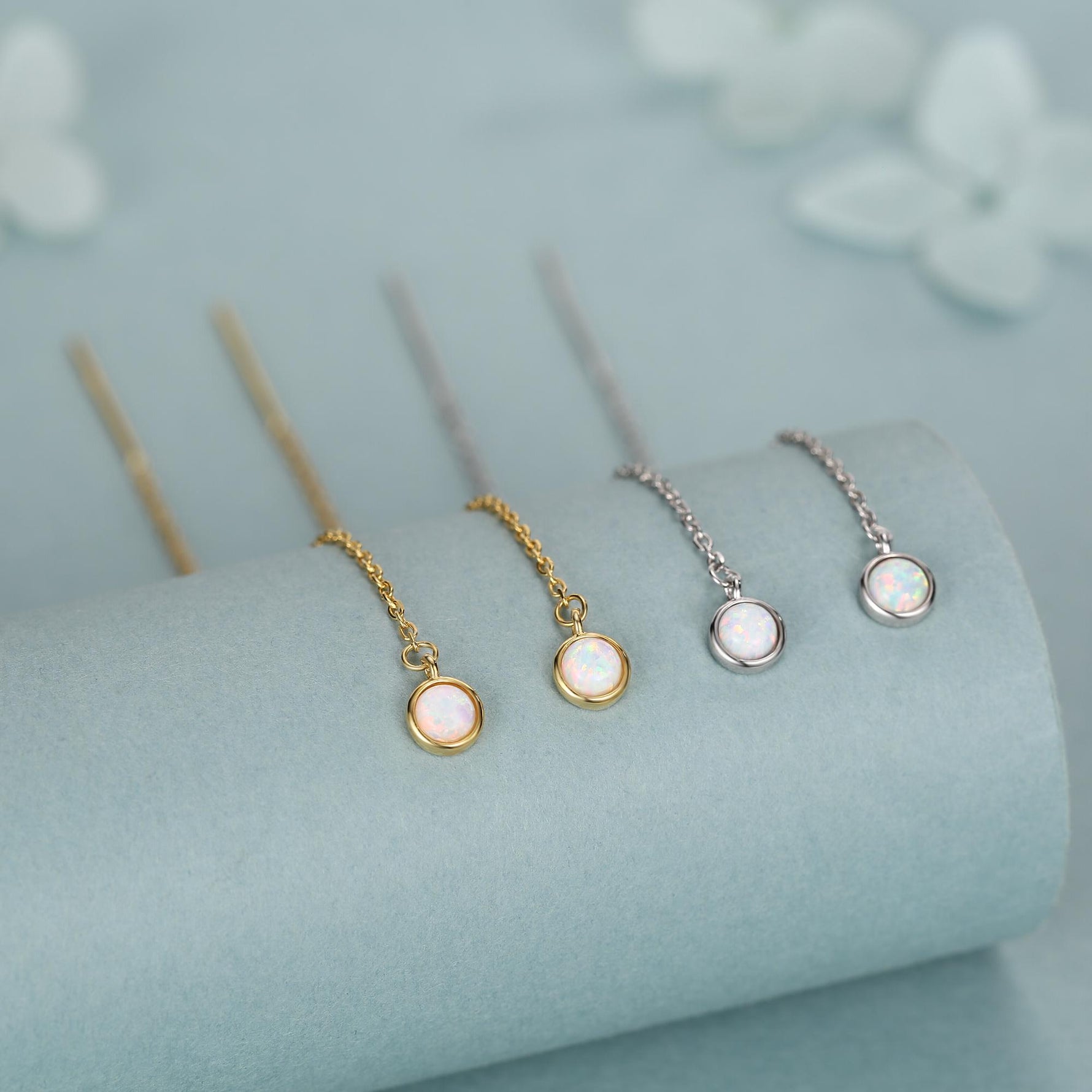 White Opal Dot Long Threader Earrings in Sterling Silver