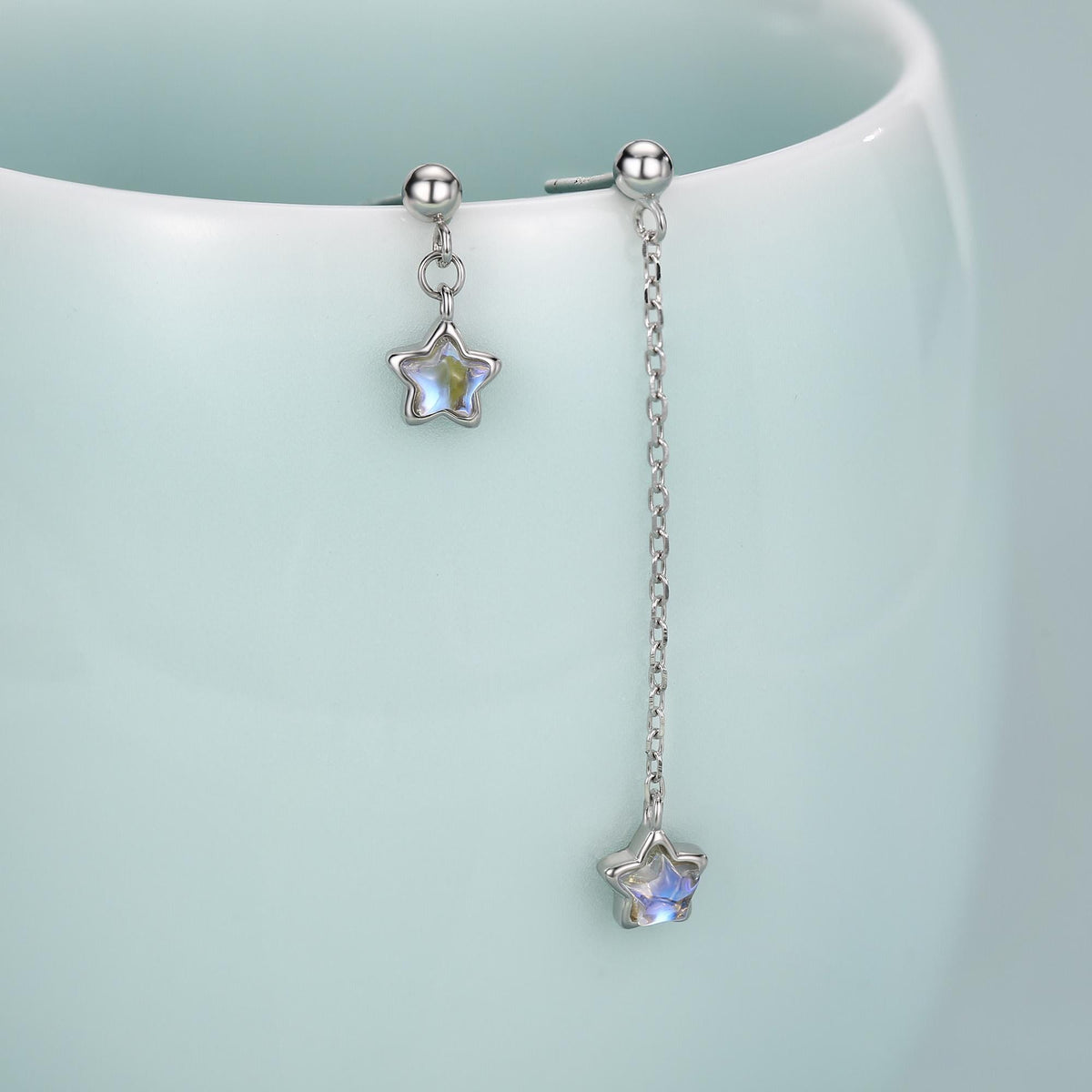 Asymmetric Tiny Moonstone Star Dangle Stud Earrings in Sterling Silver