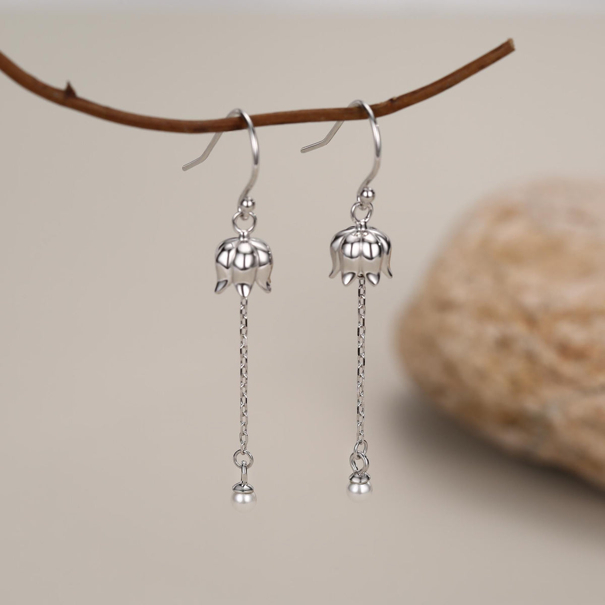 Lily of the valley with Dangle Pearl Dangle Earrings in Sterling Silver, Lily of the Valley Flower Dangle Earrings - Long Chain
