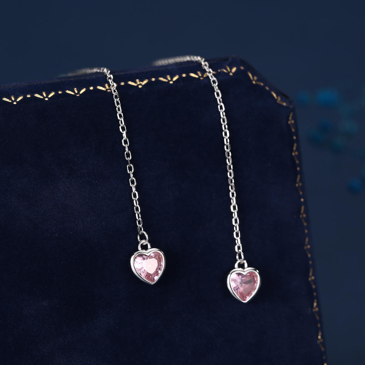 Tiny Pink CZ Heart Threader Earrings in Sterling Silver, 9cm, Silver or Gold, Dainty Heart Ear Threaders, Delicate Heart Threaders