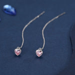 Tiny Pink CZ Heart Threader Earrings in Sterling Silver, 9cm, Silver or Gold, Dainty Heart Ear Threaders, Delicate Heart Threaders