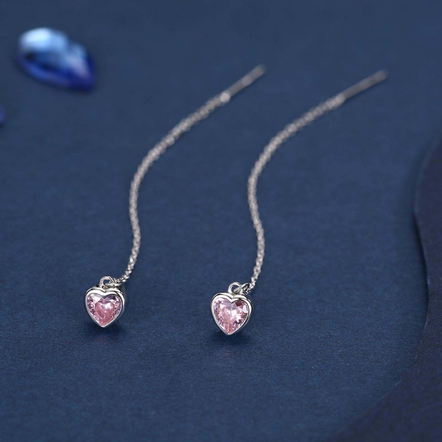 Tiny Pink CZ Heart Threader Earrings in Sterling Silver, 9cm, Silver or Gold, Dainty Heart Ear Threaders, Delicate Heart Threaders