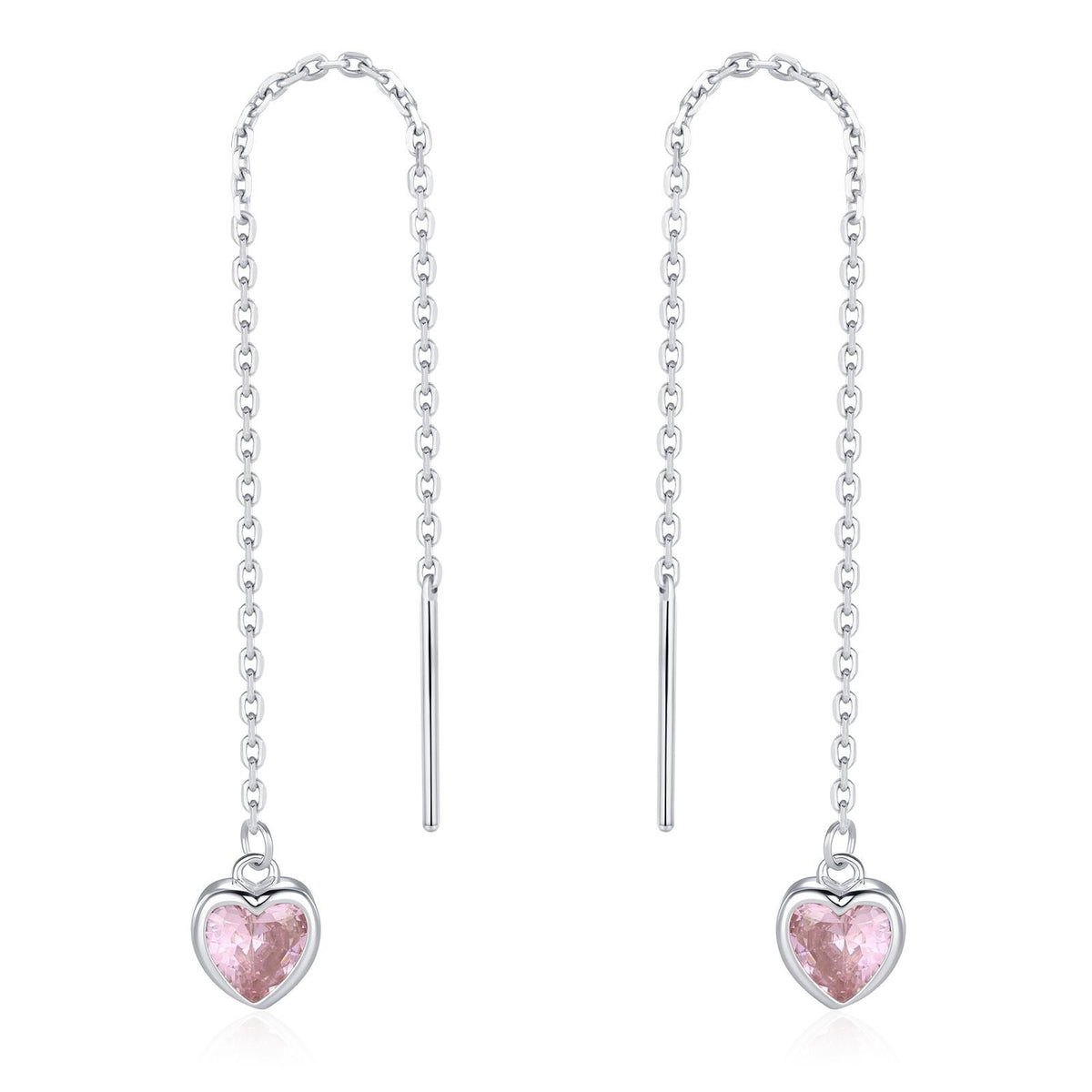 Tiny Pink CZ Heart Threader Earrings in Sterling Silver, 9cm, Silver or Gold, Dainty Heart Ear Threaders, Delicate Heart Threaders
