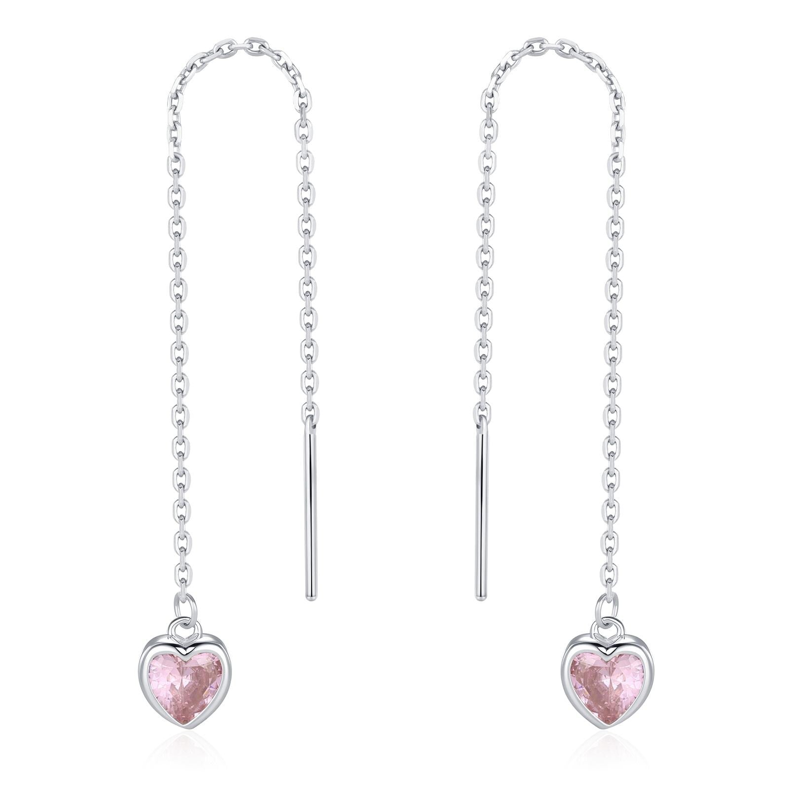 Tiny Pink CZ Heart Threader Earrings in Sterling Silver, 9cm, Silver or Gold, Dainty Heart Ear Threaders, Delicate Heart Threaders