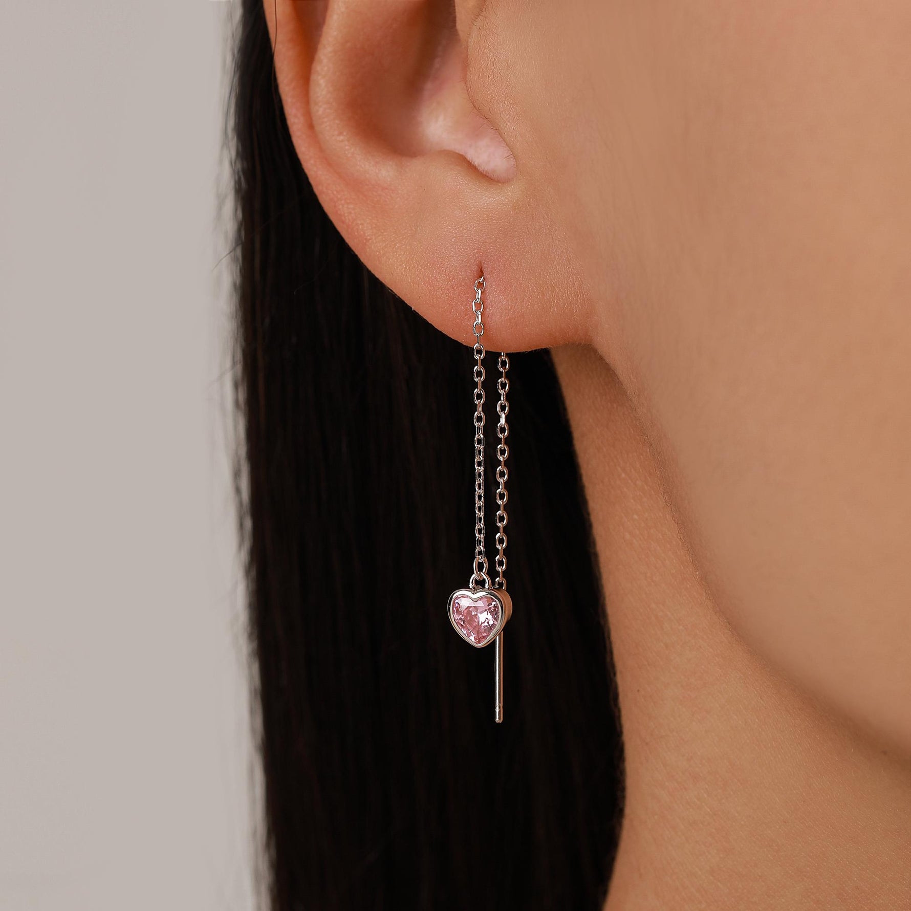Tiny Pink CZ Heart Threader Earrings in Sterling Silver, 9cm, Silver or Gold, Dainty Heart Ear Threaders, Delicate Heart Threaders