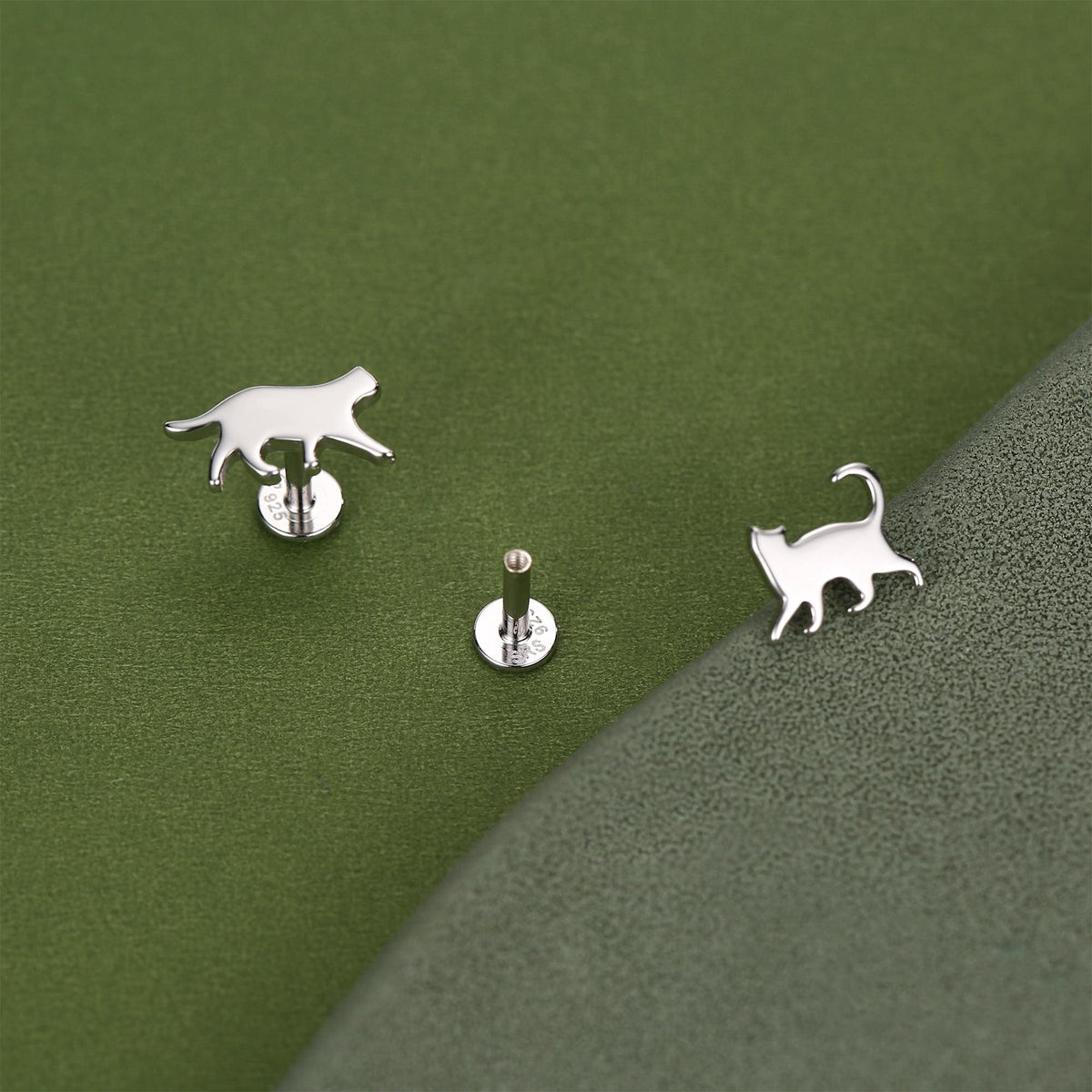 Sterling Silver Asymmetric Cat 16G Flat Back Labret Earrings, Animal