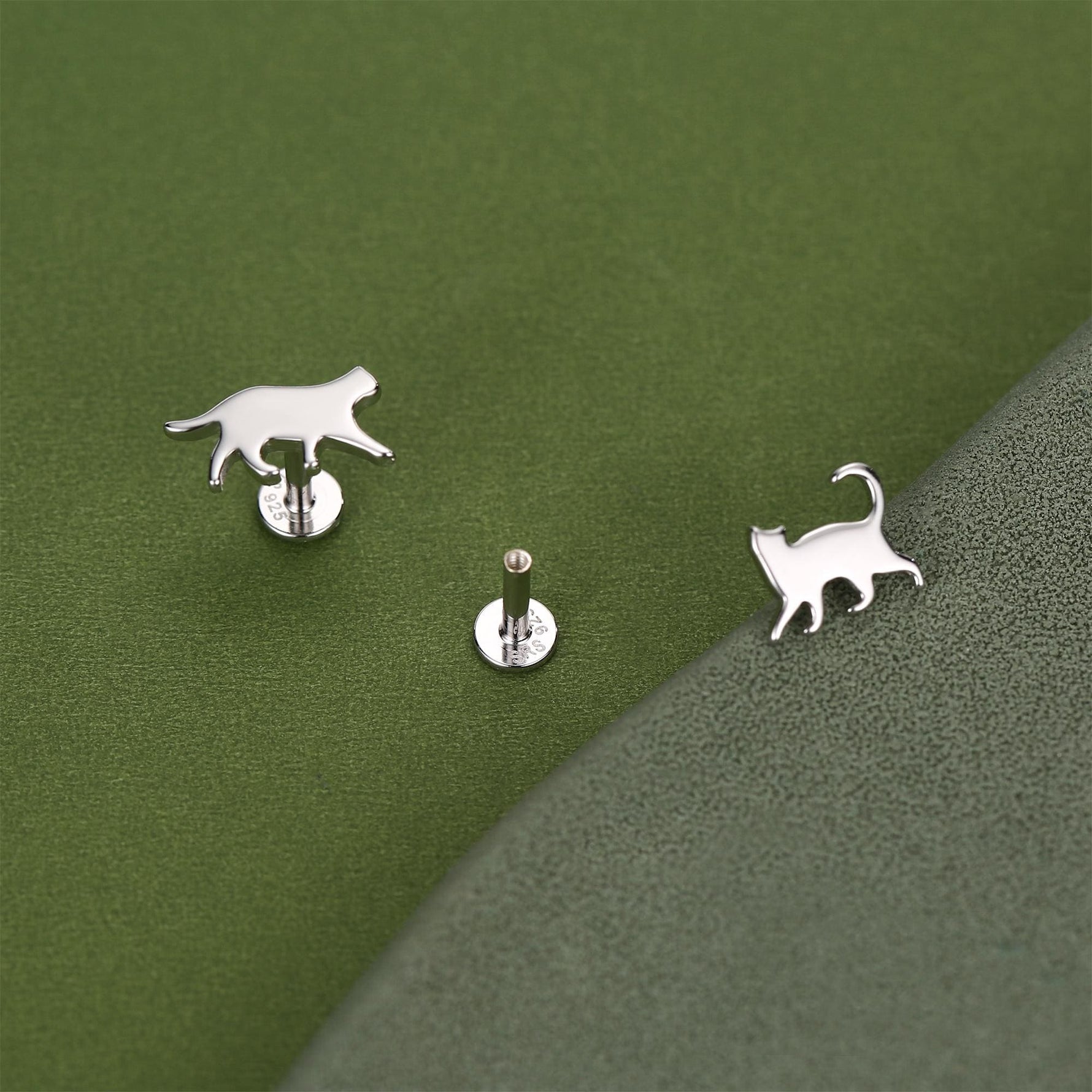 Sterling Silver Asymmetric Cat 16G Flat Back Labret Earrings, Animal