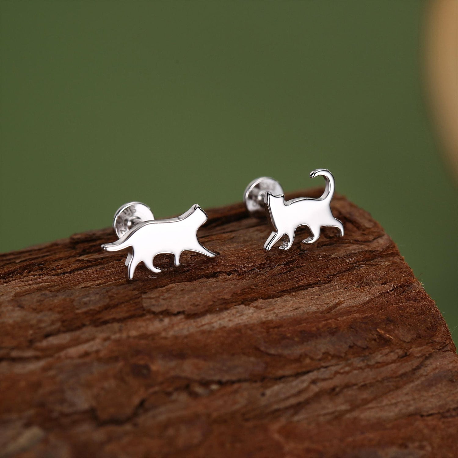 Sterling Silver Asymmetric Cat 16G Flat Back Labret Earrings, Animal