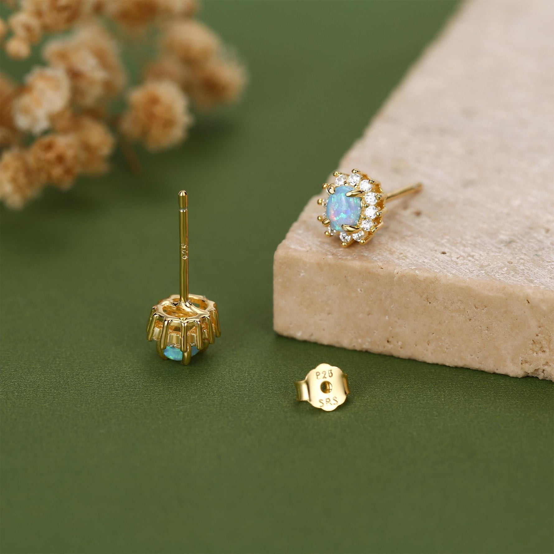 Blue Opal CZ Oval Halo Stud Earrings in Sterling Silver